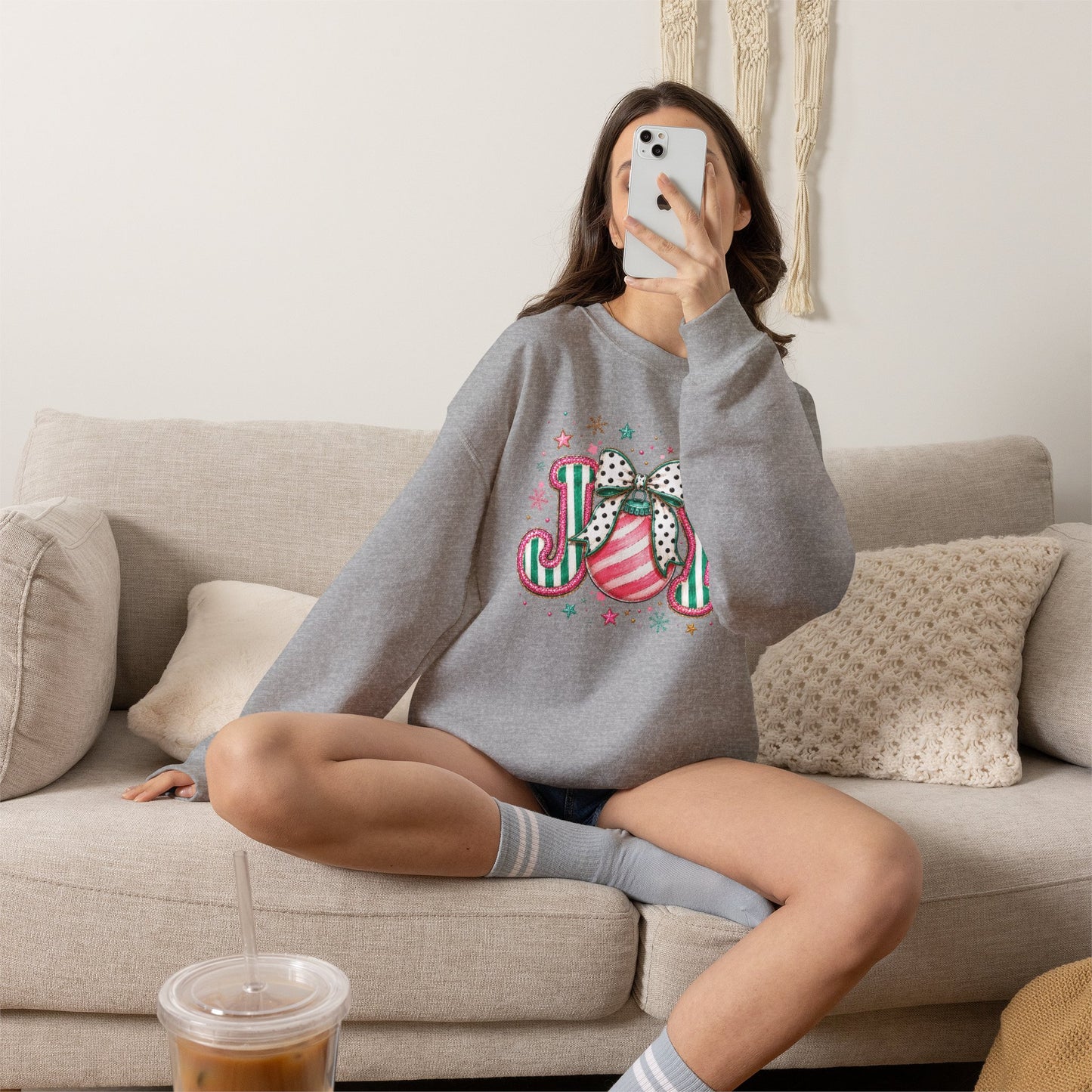 Joy Ornament Crewneck Sweatshirt – Pink & Green Holiday Joy Graphic