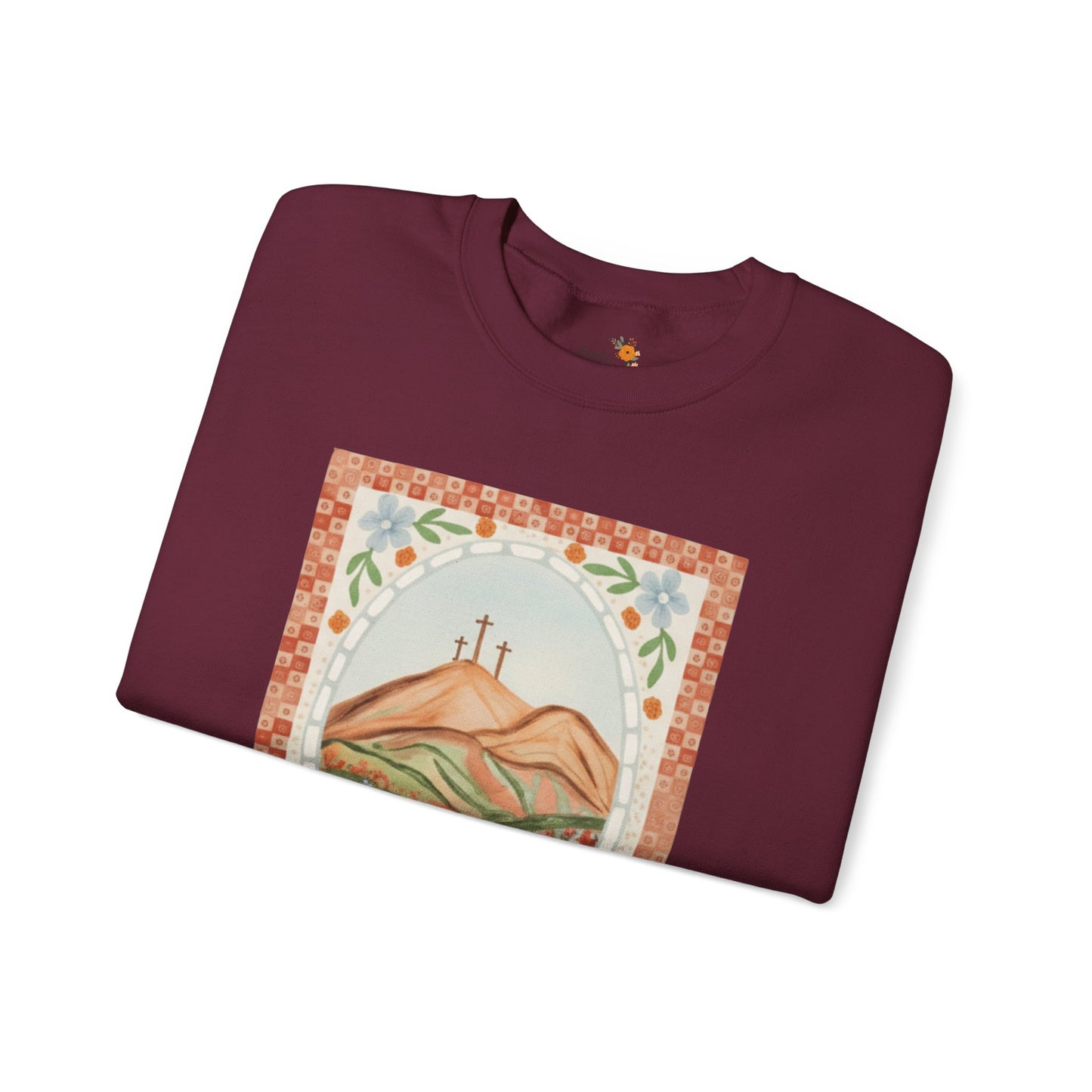 Easter Landscape Faith Sweatshirt (Front Only) • Christian Mountain Cross Crewneck • Floral Resurrection Scene Graphic