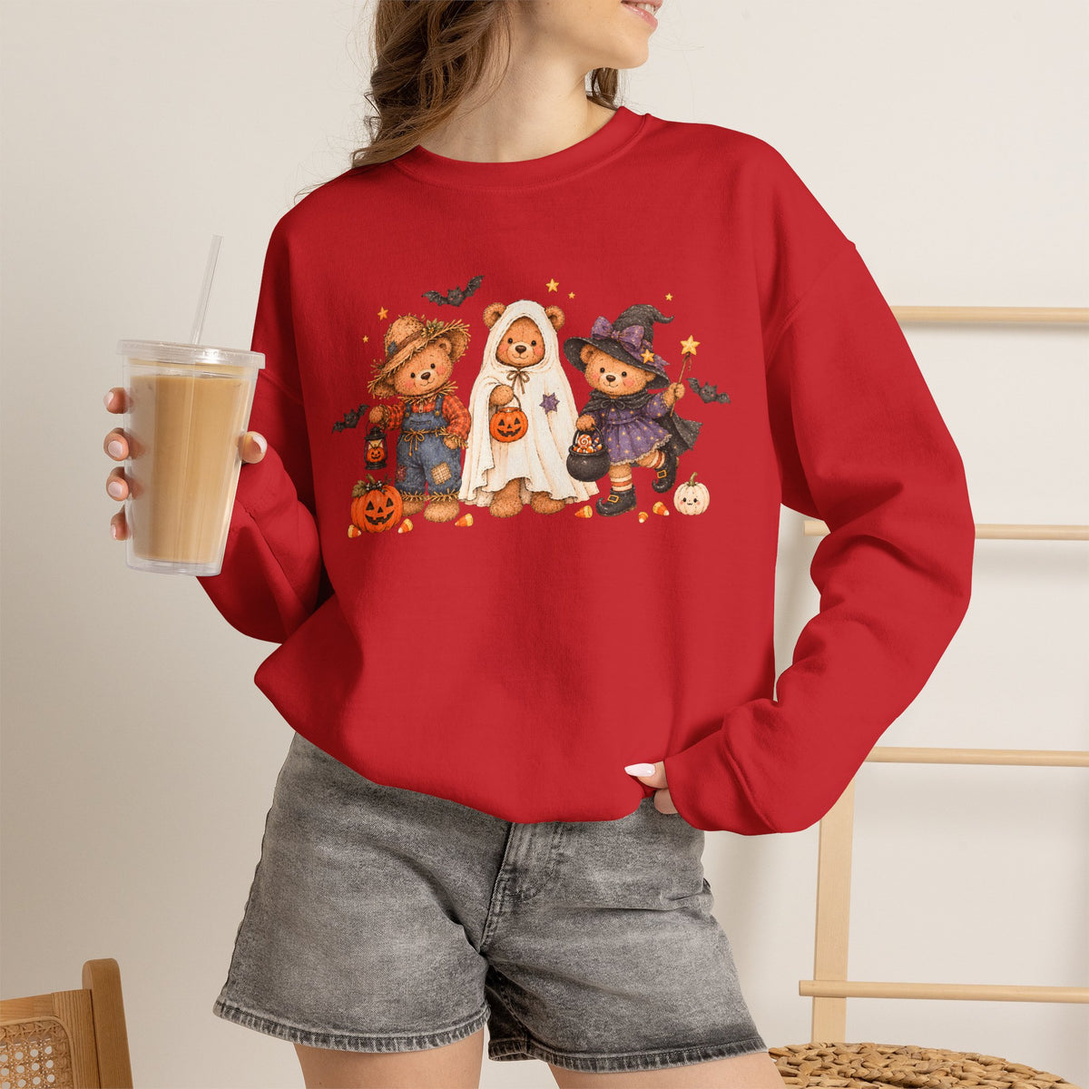 Halloween Teddy Bear Sweatshirt, Cute Trick or Treat Crewneck, Witch Ghost Scarecrow Bears, Spooky Season Fall Sweatshirt