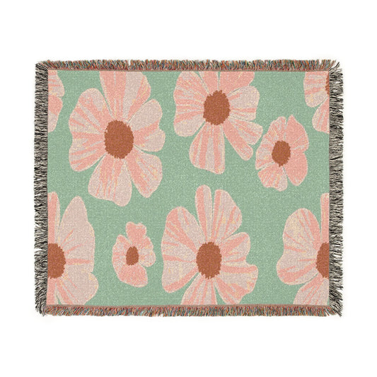 Vintage Retro Floral Woven Blanket — Pink Flowers on Green Background, Cozy Throw for Bedroom & Living Room