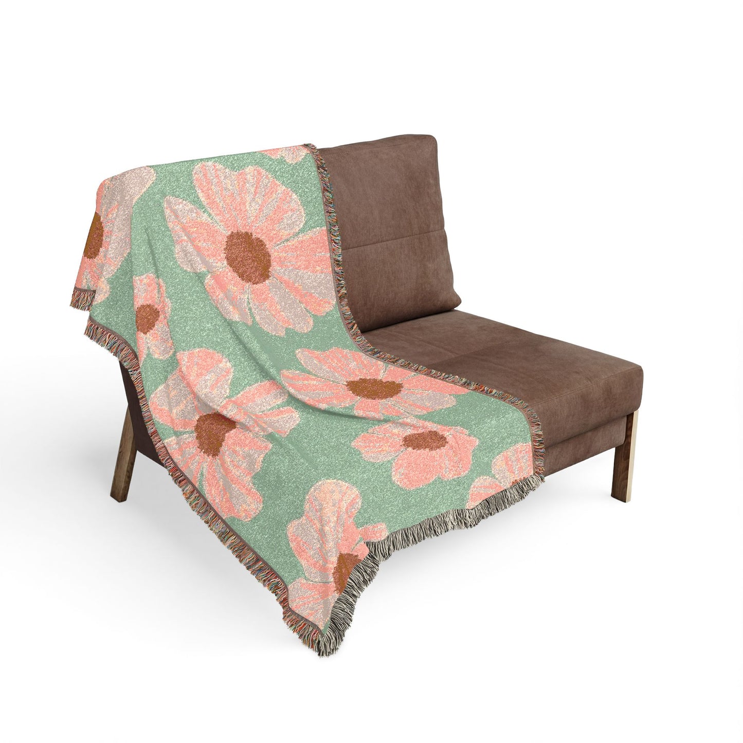 Vintage Retro Floral Woven Blanket — Pink Flowers on Green Background, Cozy Throw for Bedroom & Living Room