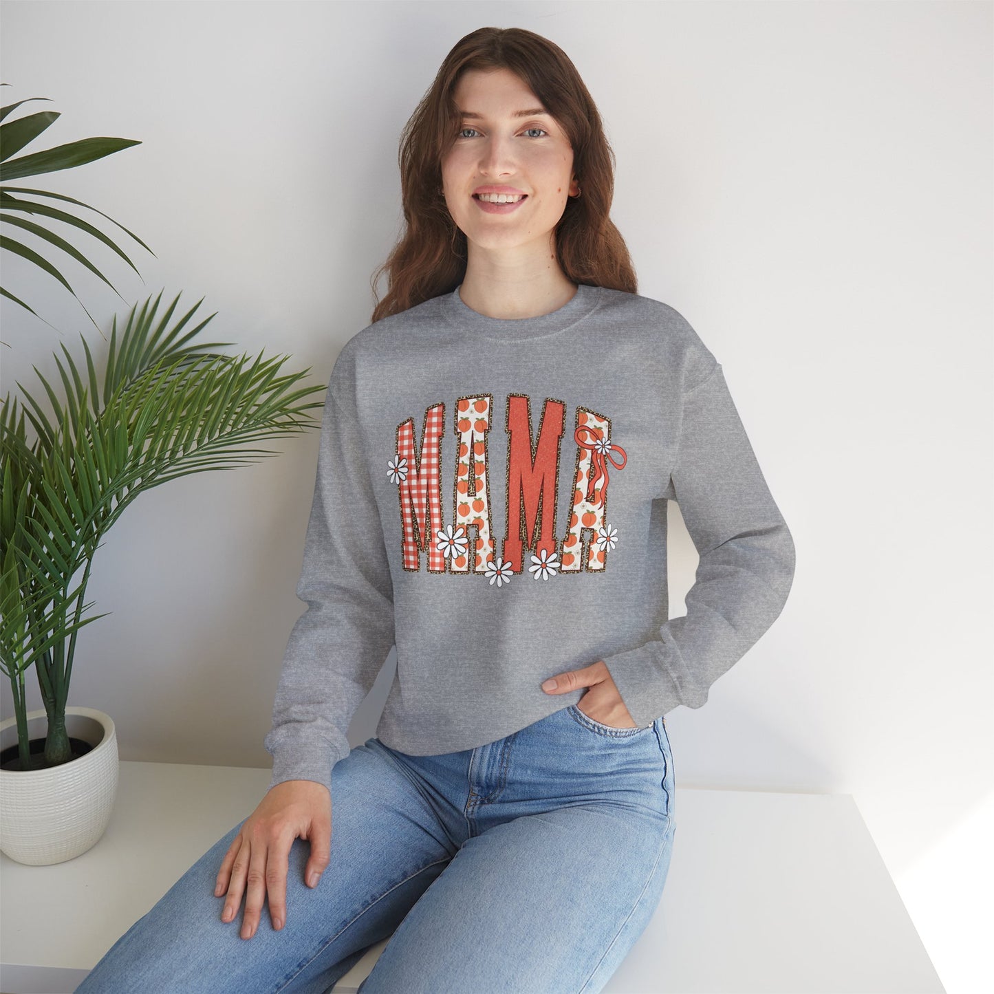 Daisy Peach MAMA Floral Sweatshirt • Spring Graphic Crew • Peach Gingham Mom pullover • Feminine Boutique Everyday Outfit