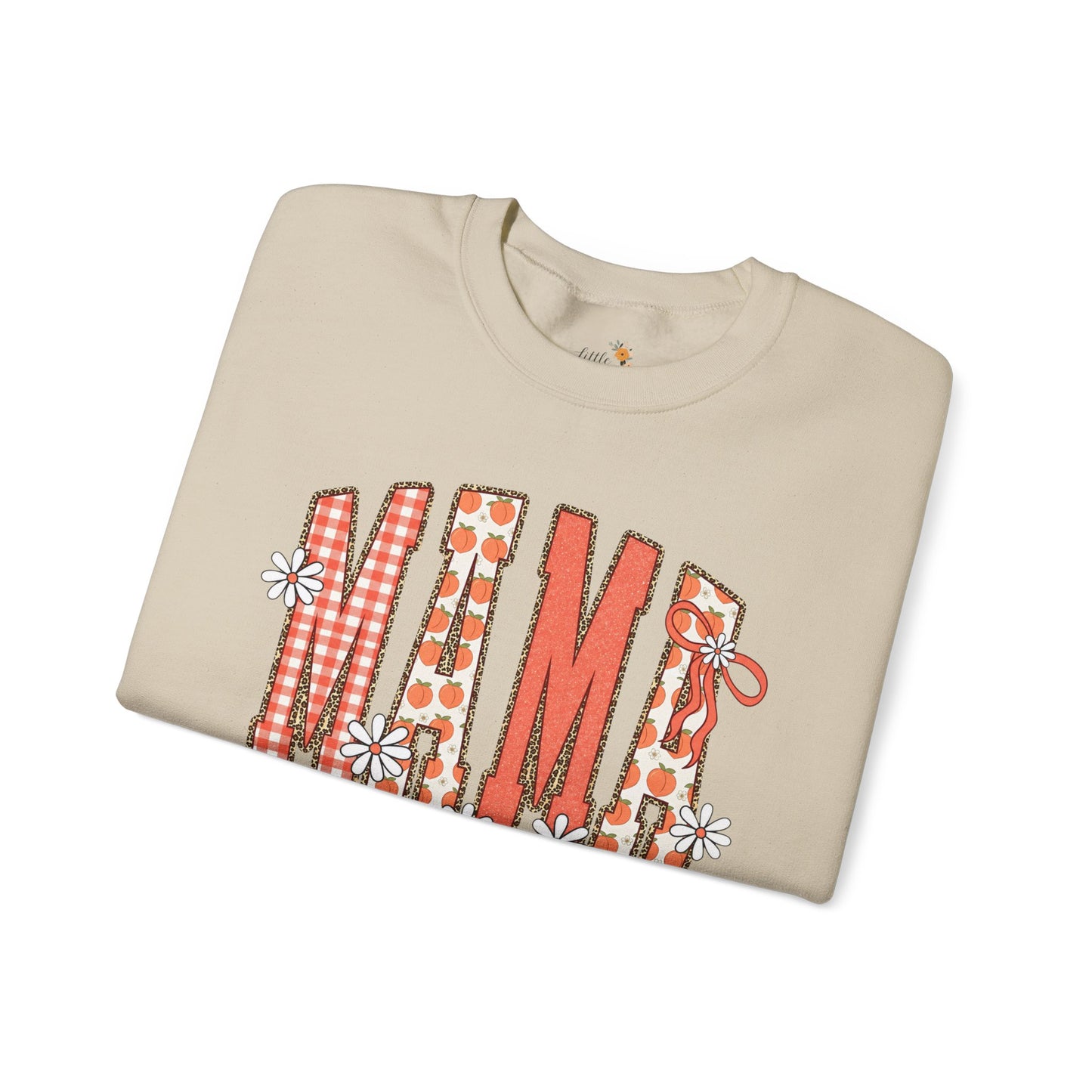 Daisy Peach MAMA Floral Sweatshirt • Spring Graphic Crew • Peach Gingham Mom pullover • Feminine Boutique Everyday Outfit