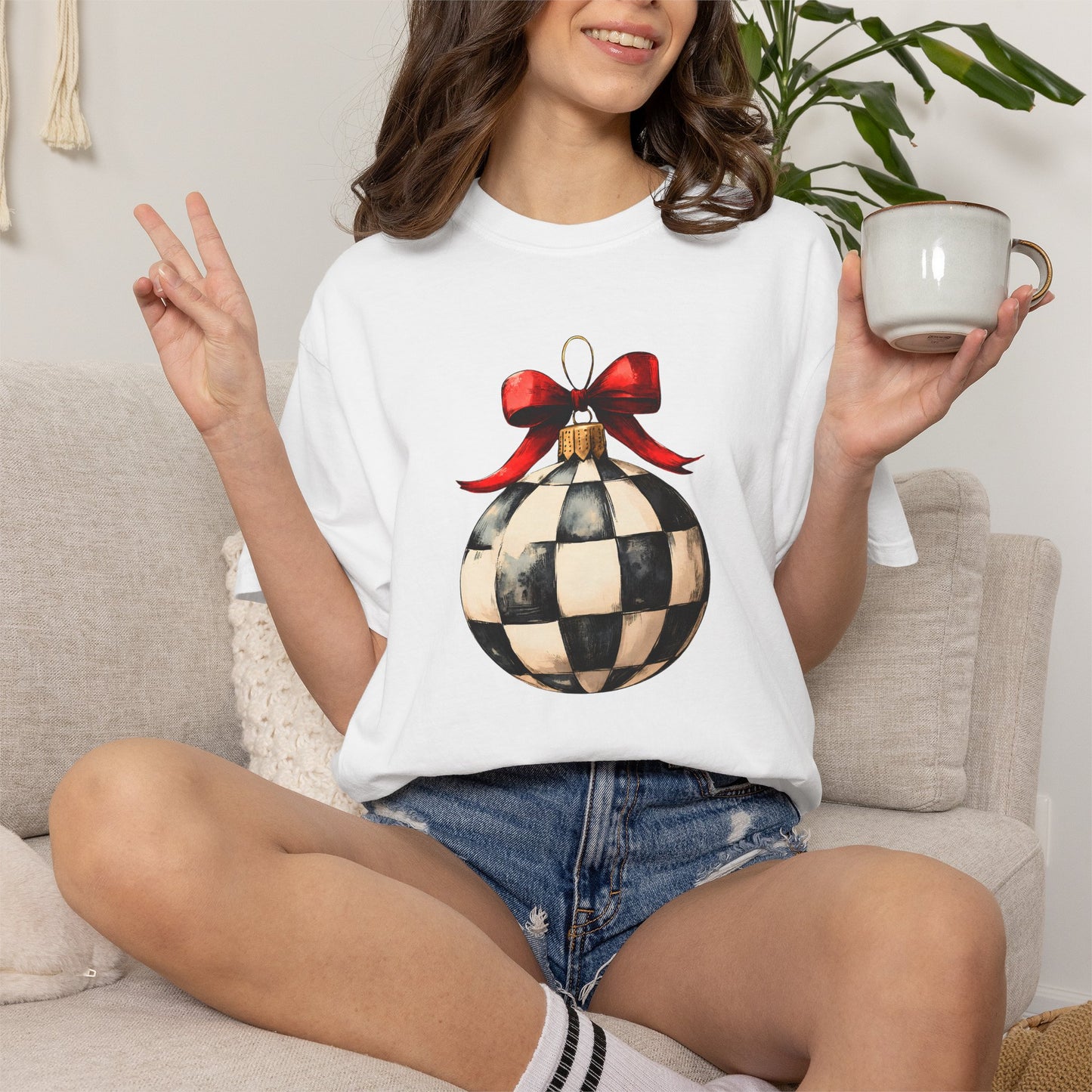 Checkerboard Ornament T-Shirt — Holiday Ball with Red Bow