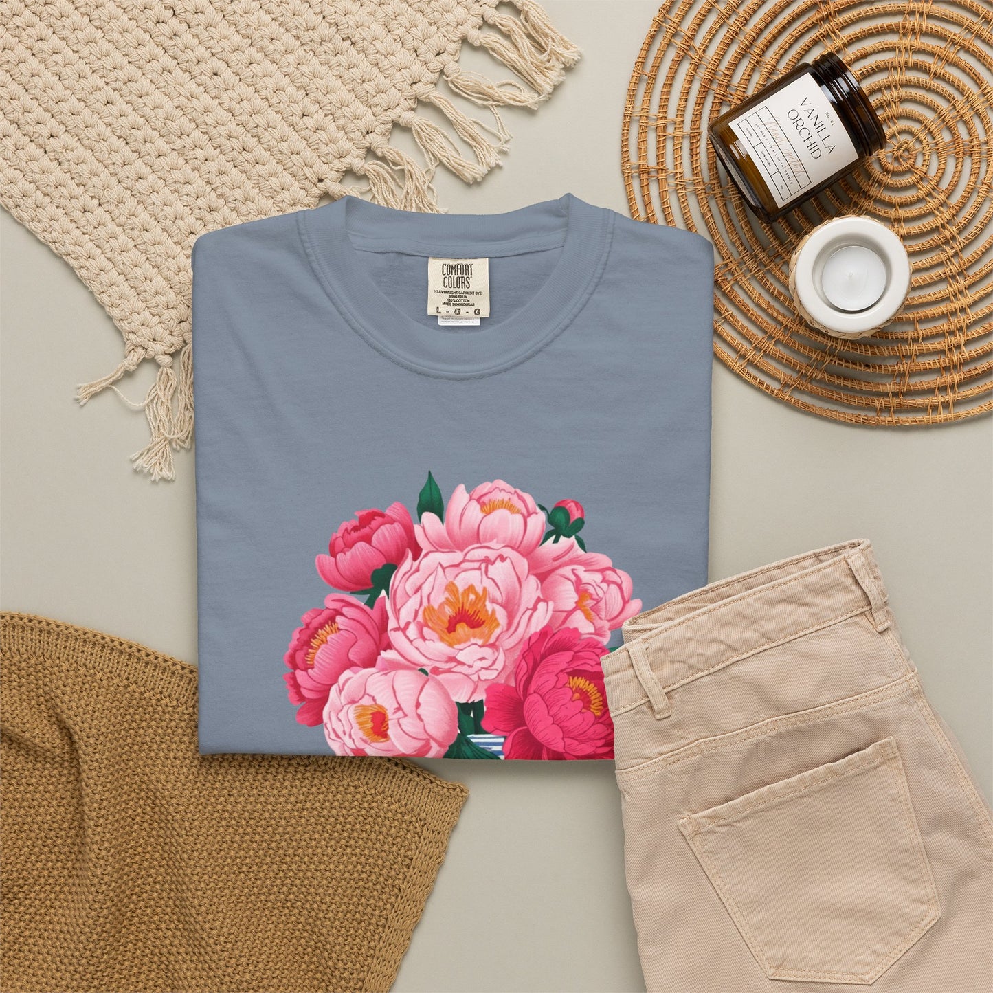 Peony Bouquet T-Shirt — Pink Peony in Vintage White & Blue Floral Vase
