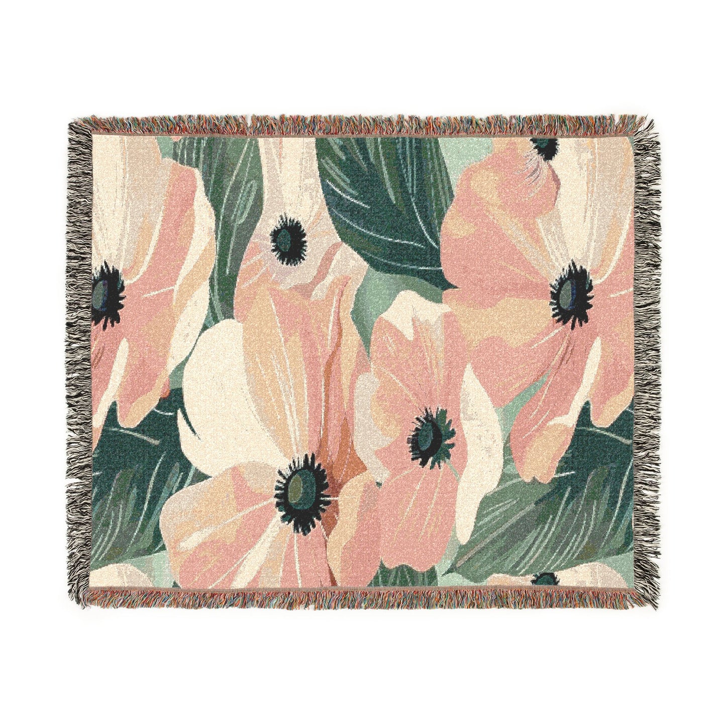 Floral Woven Blanket — Vintage Pink & Green Botanical Throw