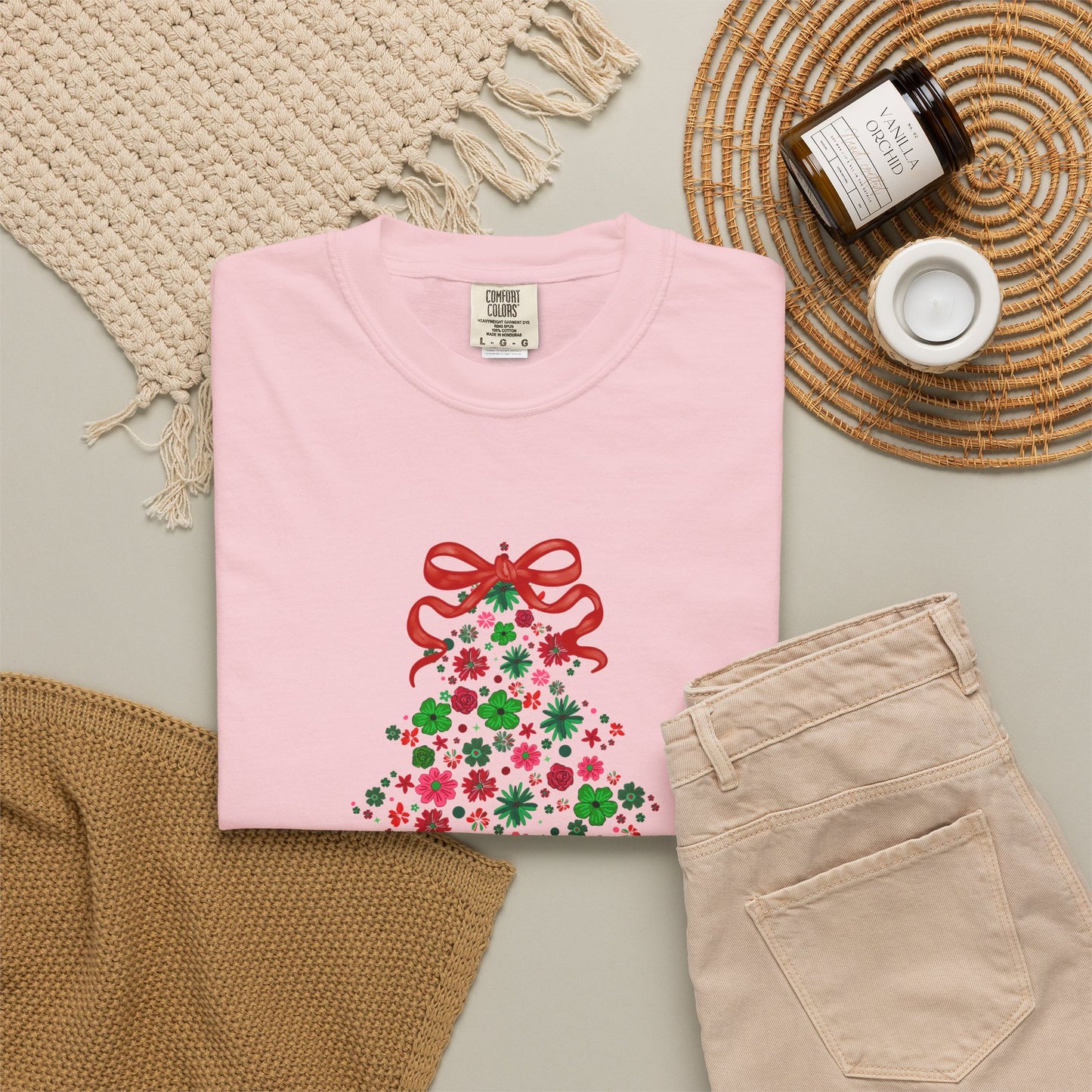 Merry & Bright Christmas Tree Shirt • Floral Christmas Tree Tee • Cute Pink & Green Holiday T-Shirt • Comfort Colors Christmas Shirt • Women's Christmas Tee