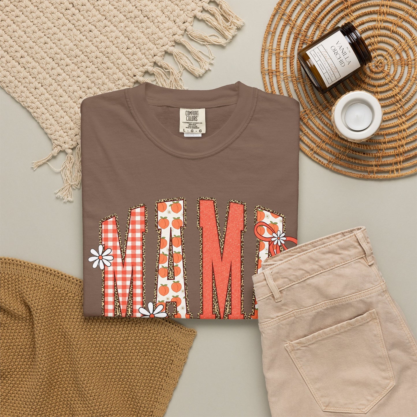 Daisy Peach MAMA Floral Shirt • Spring Graphic Tee • Peach Gingham Mom Shirt • Feminine Boutique Everyday Outfit