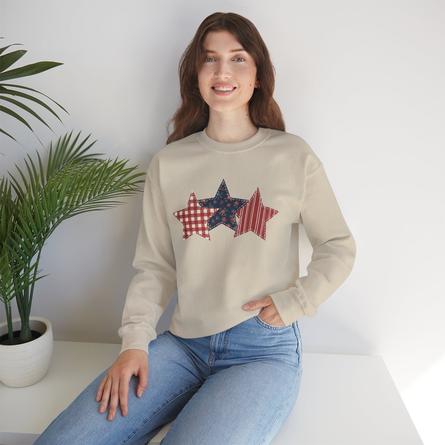 4th of July Patchwork Star Sweatshirt for Summer nights • Floral Gingham Red White Blue USA Crewneck • Patriotic Outfit