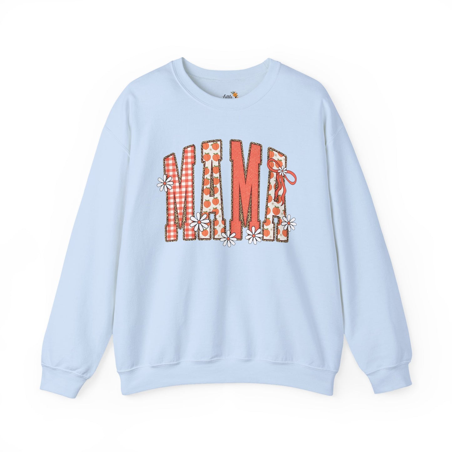 Daisy Peach MAMA Floral Sweatshirt • Spring Graphic Crew • Peach Gingham Mom pullover • Feminine Boutique Everyday Outfit