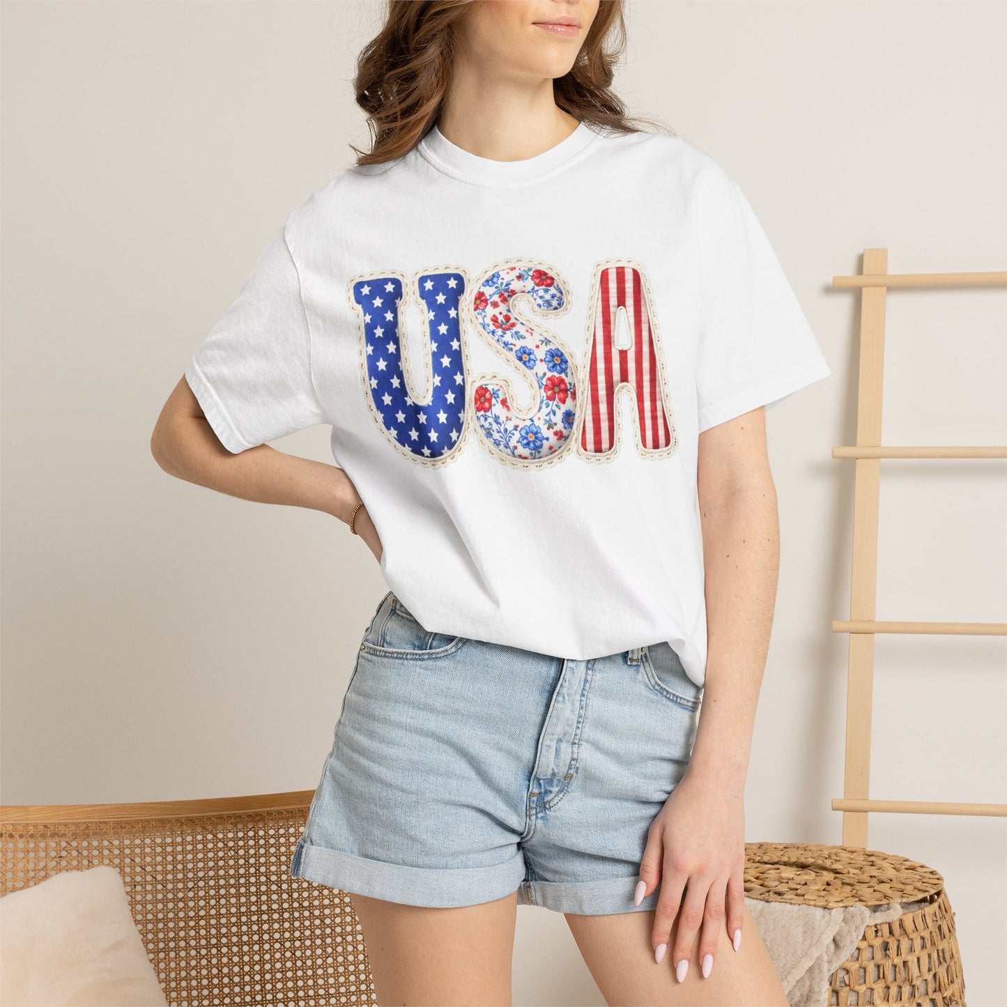 Floral Patchwork USA Shirt • Preppy Patriotic Tee • Vintage Americana Gingham Shirt • 4th of July Mom Outfit