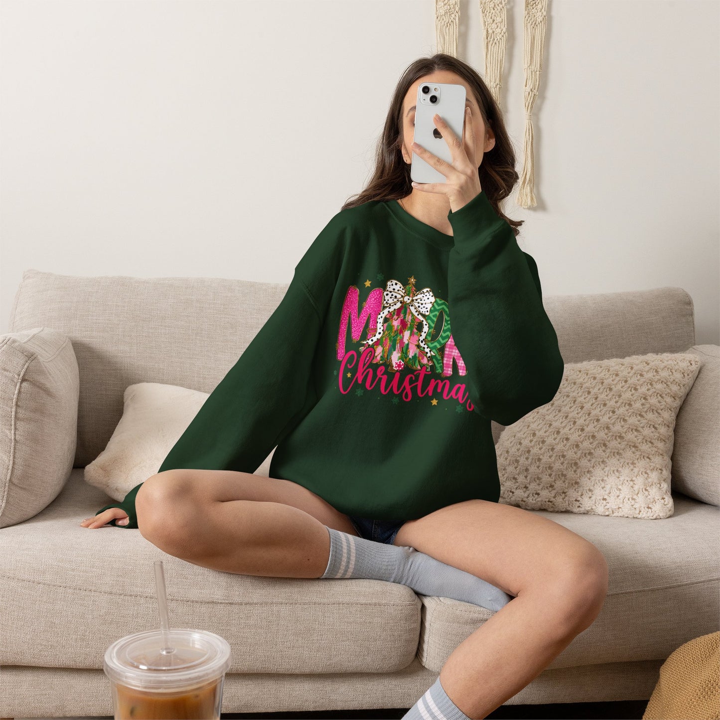 Christmas Crewneck Sweatshirt — 'Merry Christmas' Pink & Green Tree Design