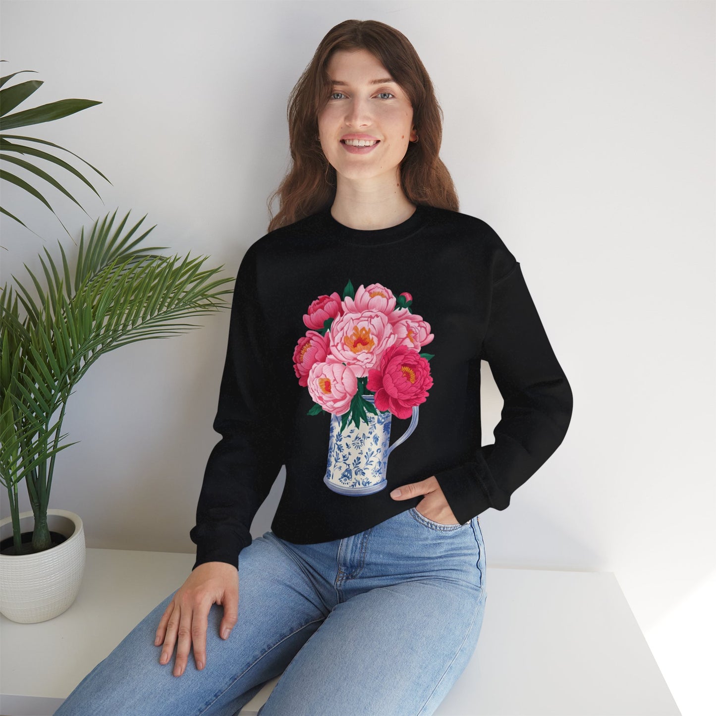 Pink Peonies in Blue Vintage Vase Floral Sweatshirt • Cottagecore Garden Bouquet Crewneck • Botanical Apparel