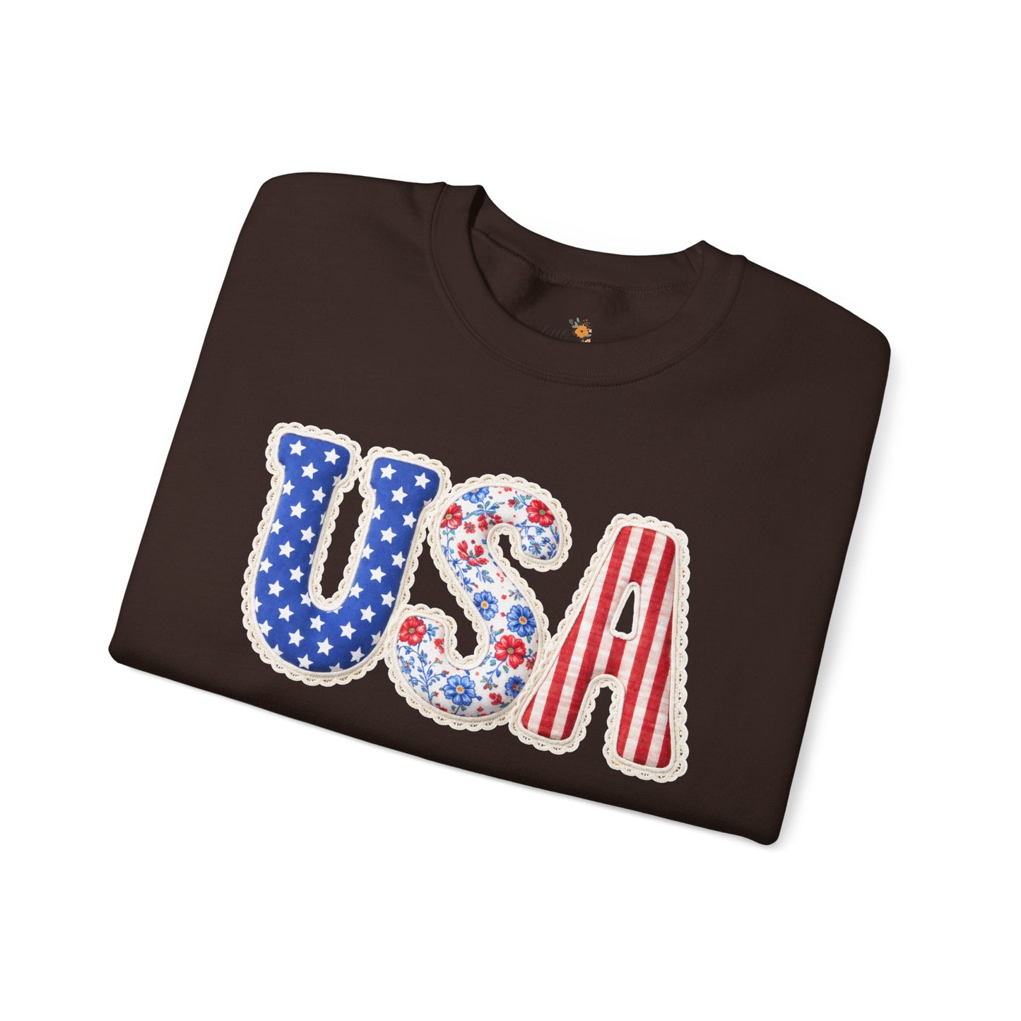 Floral Patchwork USA Crewneck • Preppy Patriotic Sweatshirt • Vintage Americana Gingham Sweatshirt • Cozy Summer Mom Outfit