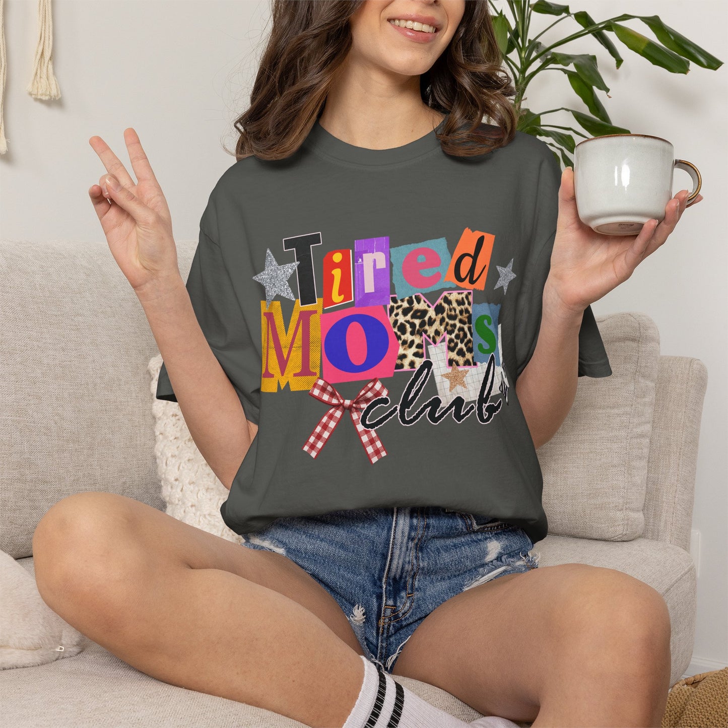 Tired Moms Club Shirt Women • Funny Mom Shirt • Trendy Patchwork Leopard Gingham Graphic Tee • Relatable Mom Outfit