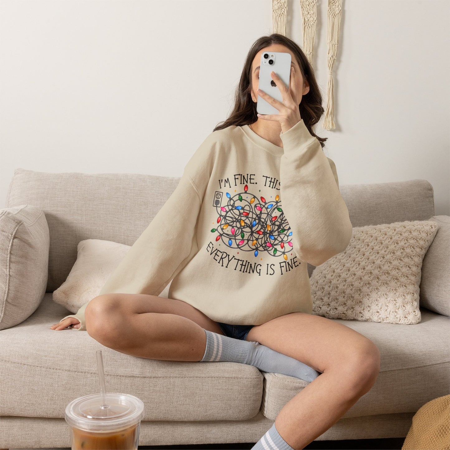 Crewneck Sweatshirt — "I'm Fine. This is Fine. Everything is Fine." Holiday Lights Design