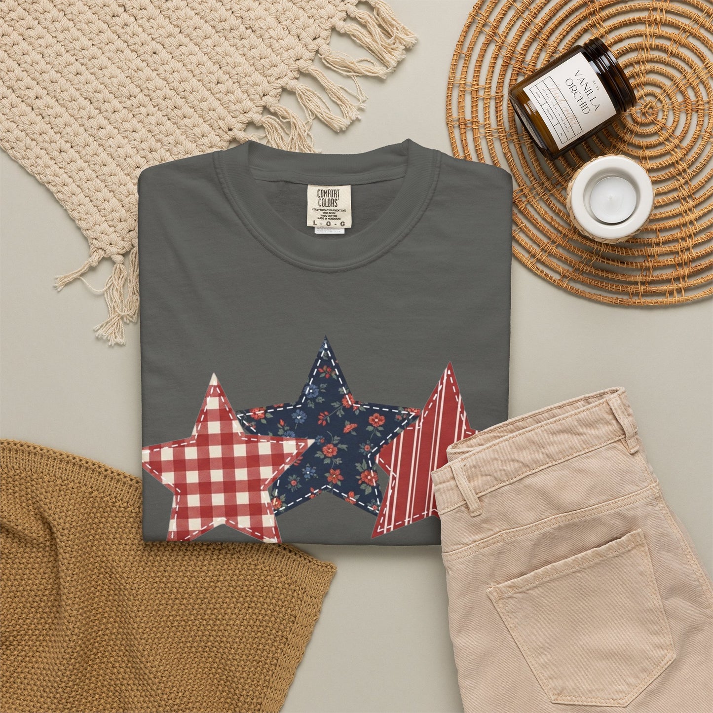 4th of July Patchwork Star T-Shirt for Summer nights • Floral Gingham Red White Blue USA Tee • Patriotic Outfit