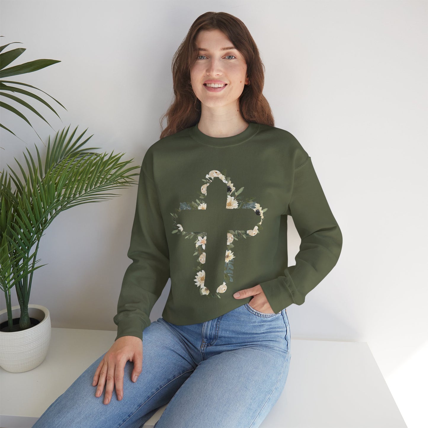 Floral Cross Crewneck Sweatshirt — Christian Faith Floral Pullover