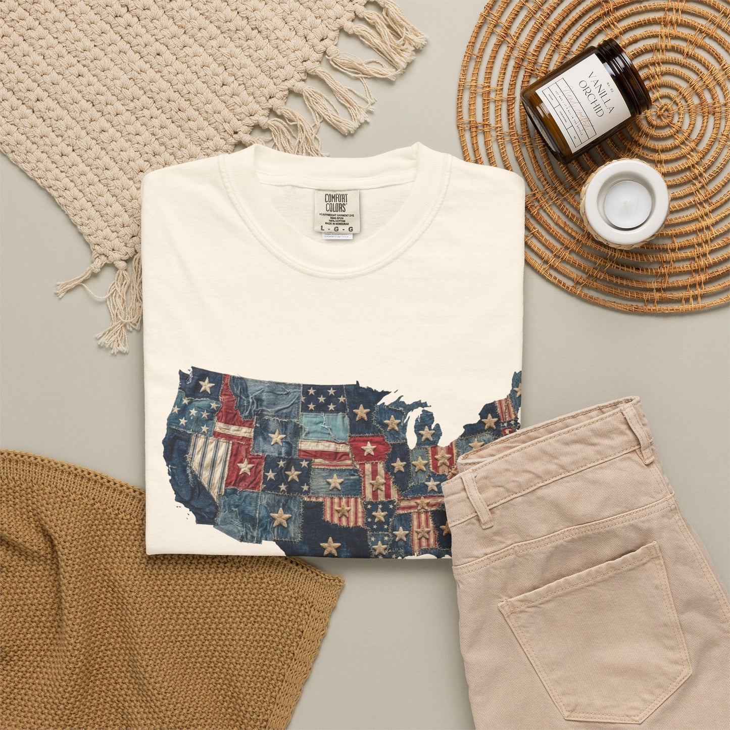 Denim American Flag T-Shirt • USA Patchwork Map Tee • Patriotic Vintage Stars Graphic Shirt
