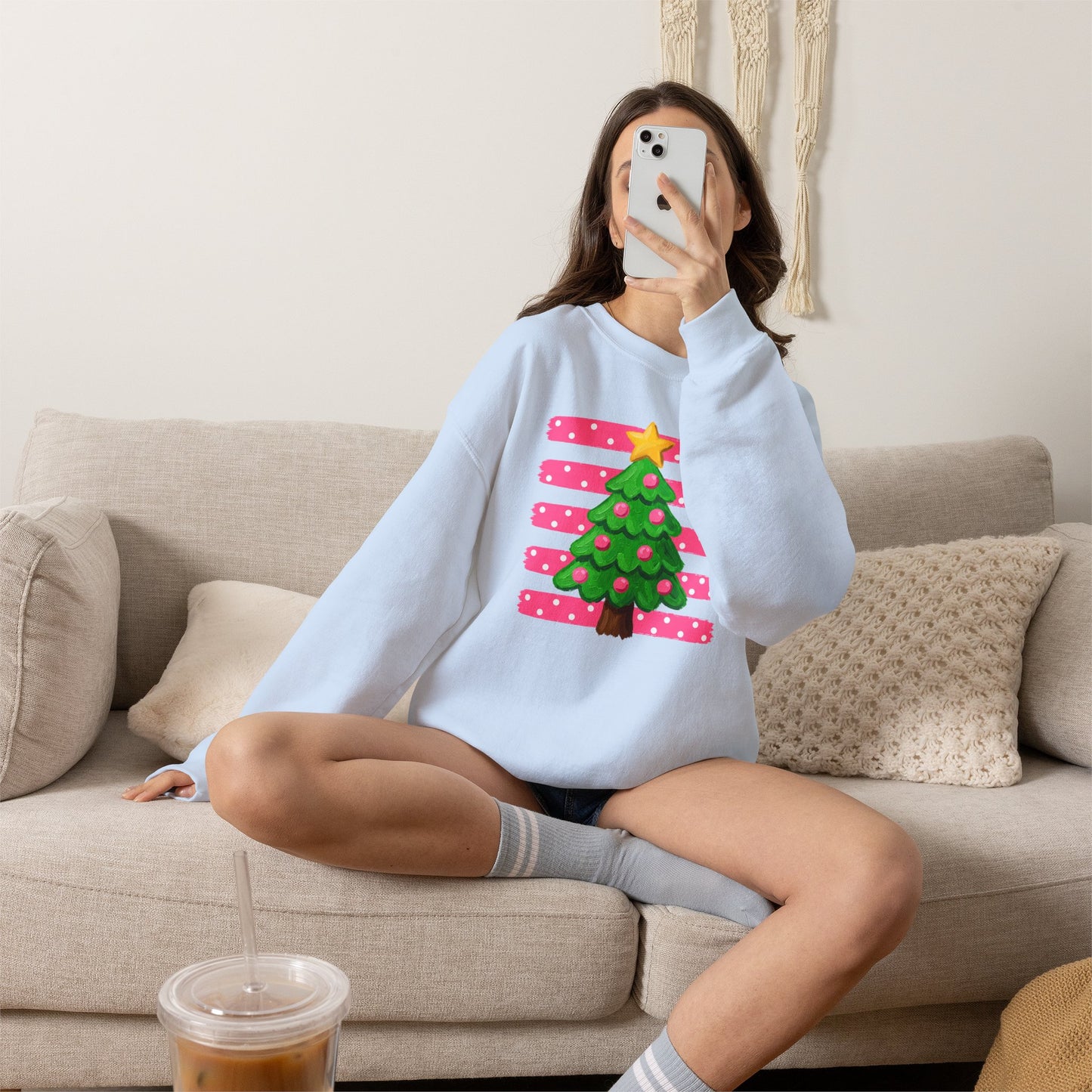 Preppy Pink Christmas Tree Sweatshirt - Pink Striped Holiday Crewneck