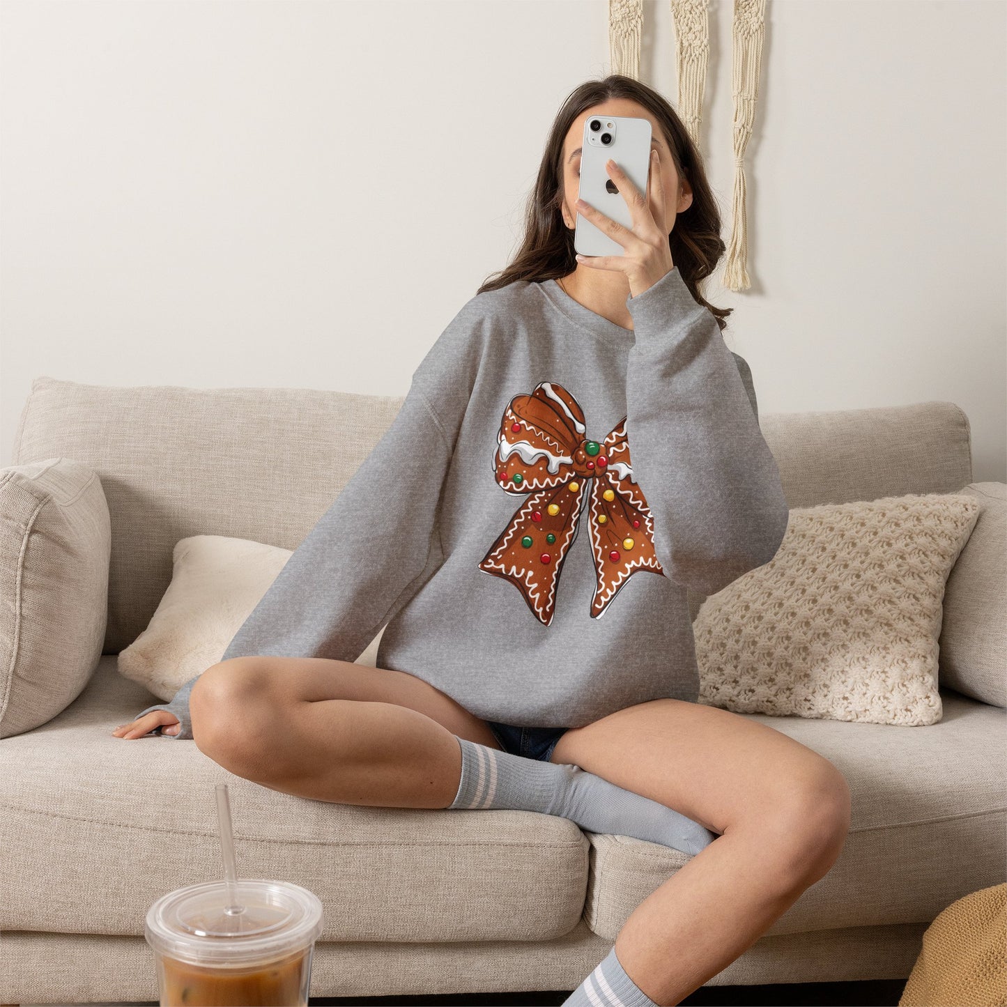 Gingerbread Bow Crewneck Sweatshirt — Holiday Christmas Cookie Graphic