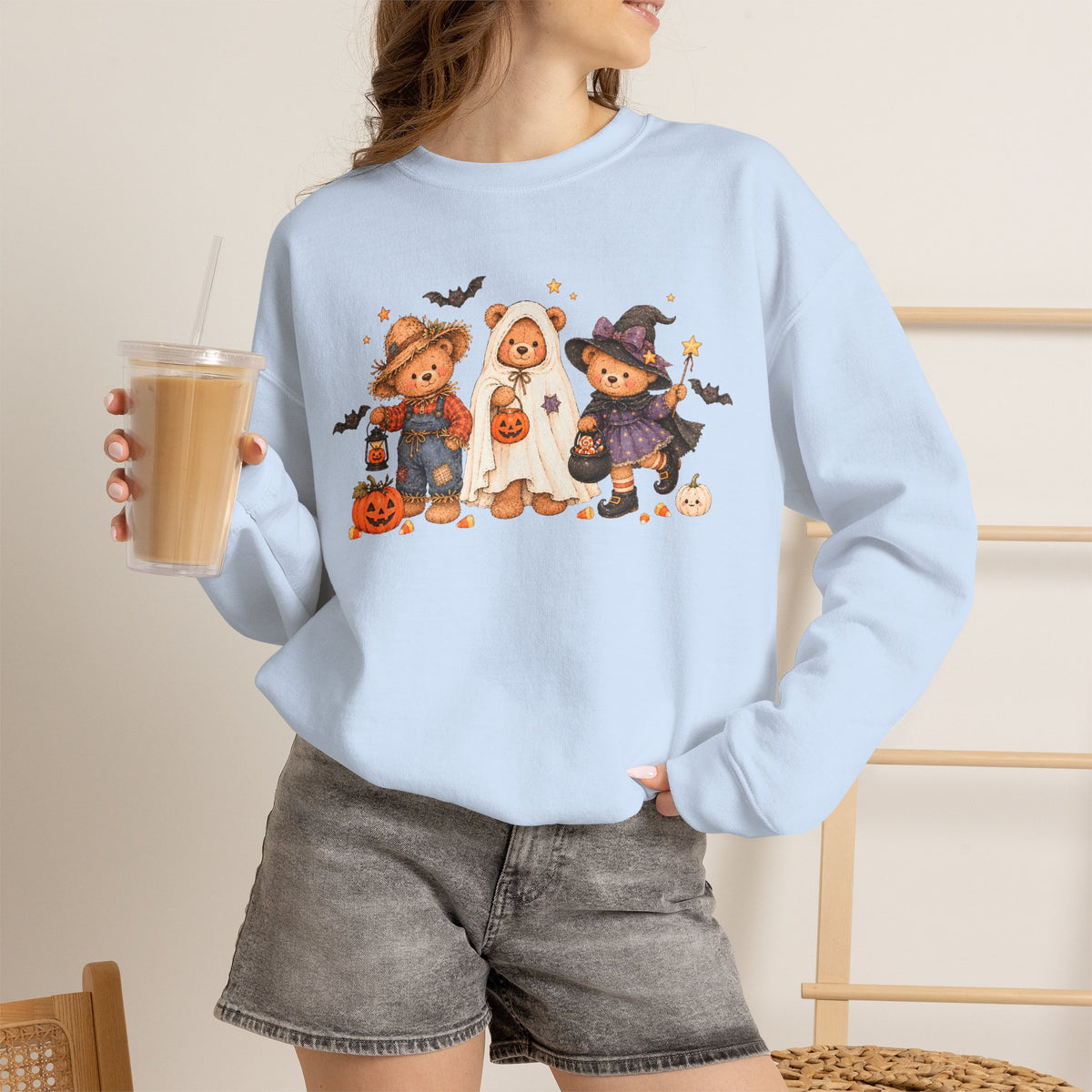 Halloween Teddy Bear Sweatshirt, Cute Trick or Treat Crewneck, Witch Ghost Scarecrow Bears, Spooky Season Fall Sweatshirt