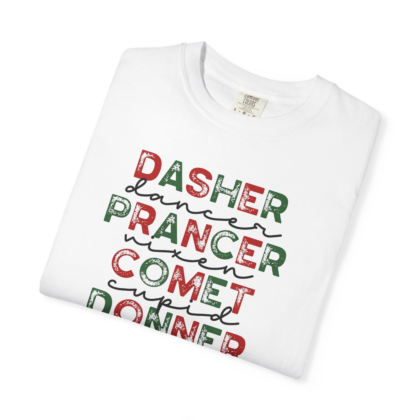 Reindeer Names Christmas T-Shirt — Dasher, Dancer, Prancer, Vixen, Comet, Cupid, Donner, Rudolph