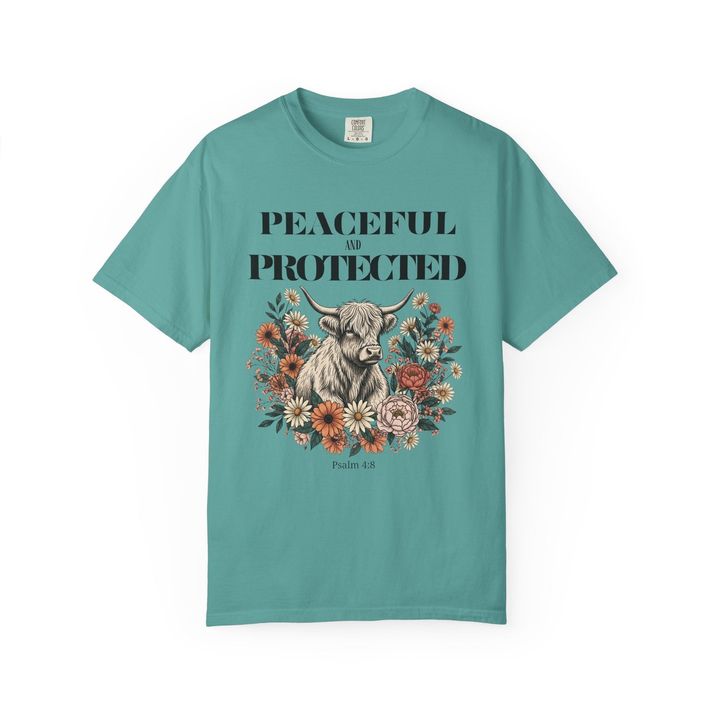 Peaceful and Protected Highland Cow Tee • Psalm 4:8 • Western Floral Faith Shirt