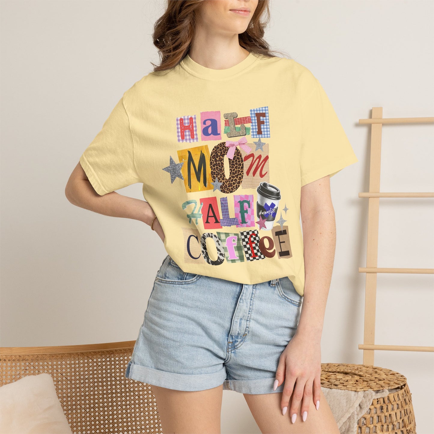 Half Mom Half Coffee Graphic Tee • Funny Mom Shirt Women • Trendy Patchwork Mixed Print Leopard Gingham Tee • Mom Life Shirt