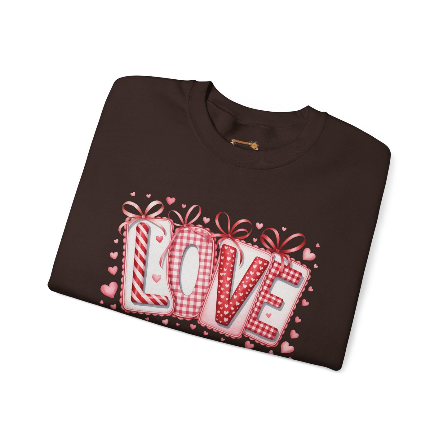 Valentine LOVE Sweatshirt with Coquette Bows and Patchwork Letters • Girly Romantic Aesthetic