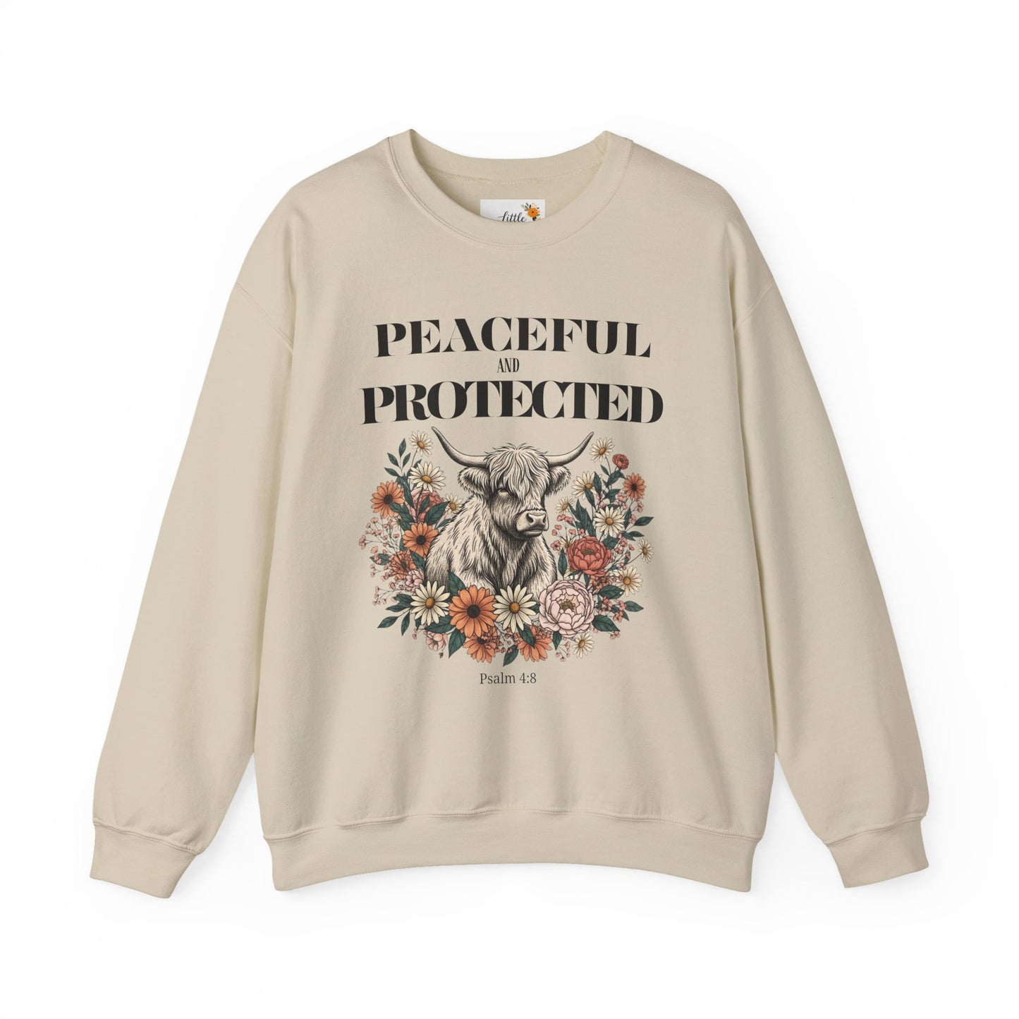Peaceful and Protected Highland Cow Floral Sweatshirt • Psalm 4:8 Christian Crewneck • Western Cow Faith Graphic