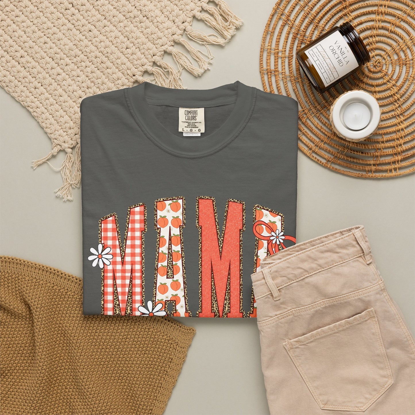 Daisy Peach MAMA Floral Shirt • Spring Graphic Tee • Peach Gingham Mom Shirt • Feminine Boutique Everyday Outfit