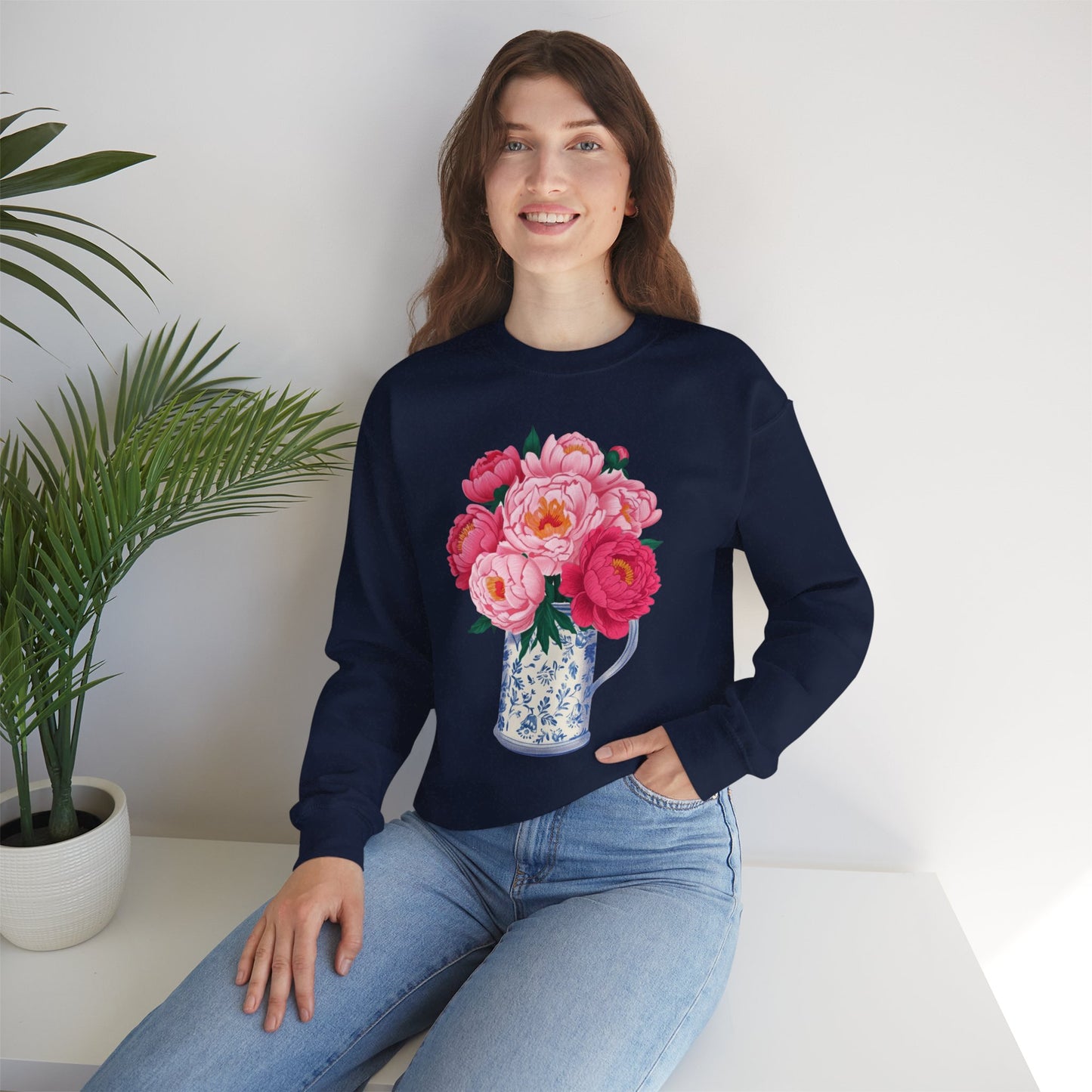 Pink Peonies in Blue Vintage Vase Floral Sweatshirt • Cottagecore Garden Bouquet Crewneck • Botanical Apparel