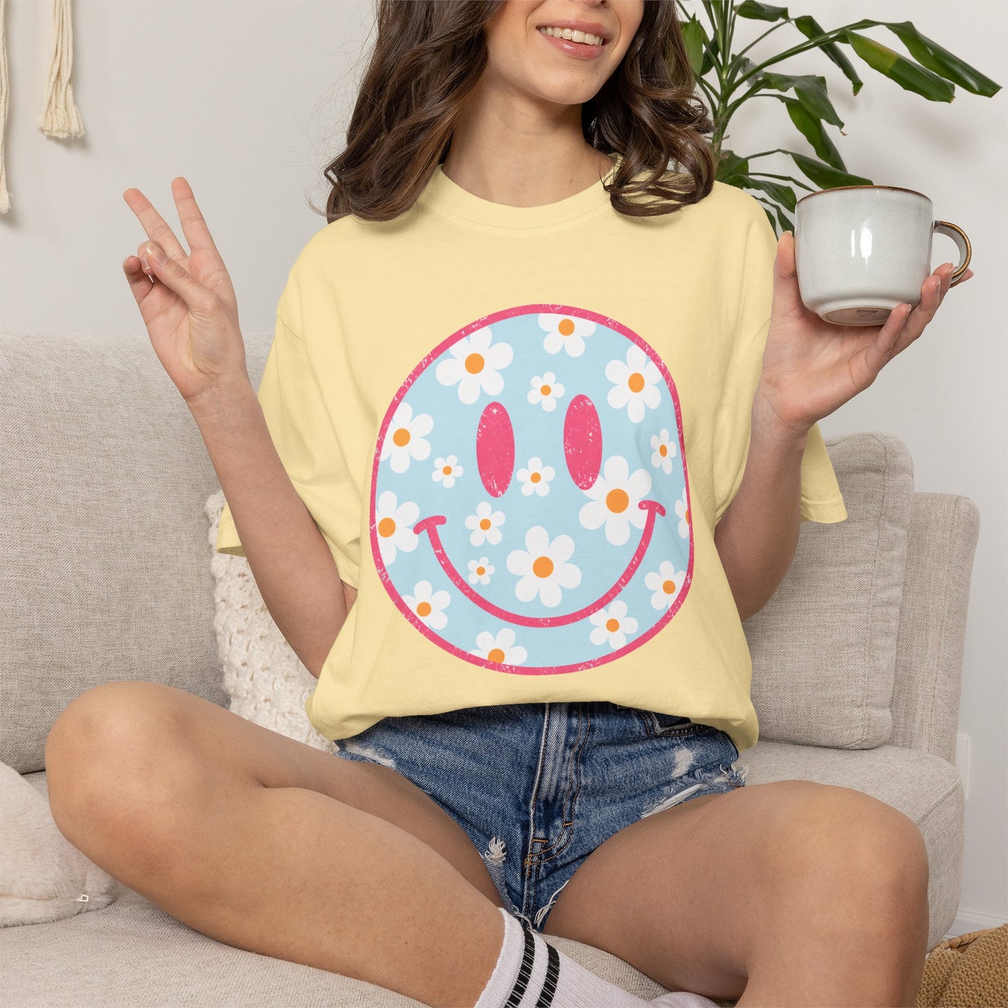 Pink Daisy Smiley Face Tee • Retro Floral Happy Face Shirt • Boutique Mama Graphic Tee