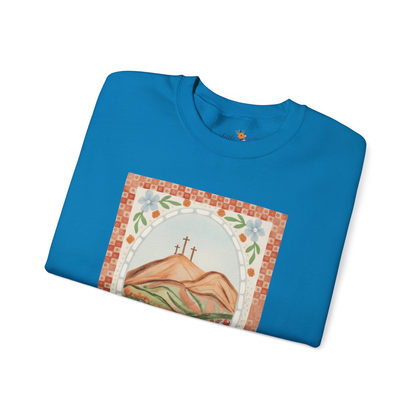 Easter Landscape Faith Sweatshirt (Front Only) • Christian Mountain Cross Crewneck • Floral Resurrection Scene Graphic