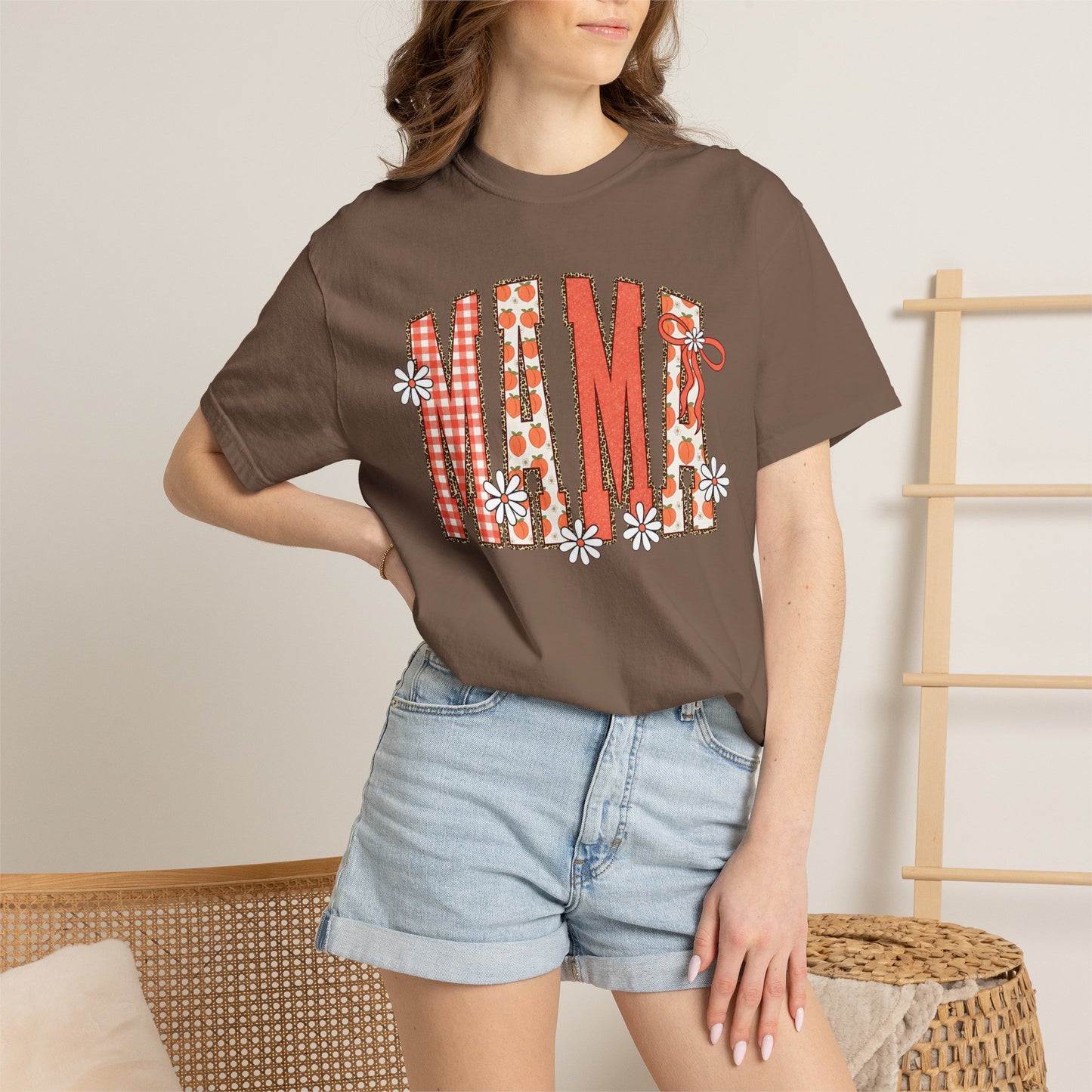 Daisy Peach MAMA Floral Shirt • Spring Graphic Tee • Peach Gingham Mom Shirt • Feminine Boutique Everyday Outfit