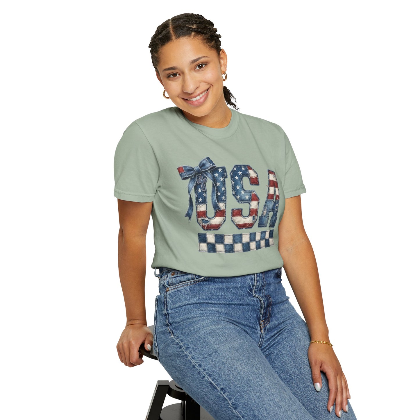 USA Patchwork Denim T-Shirt • Red White Blue Coquette Bow Tee • Americana Graphic Shirt