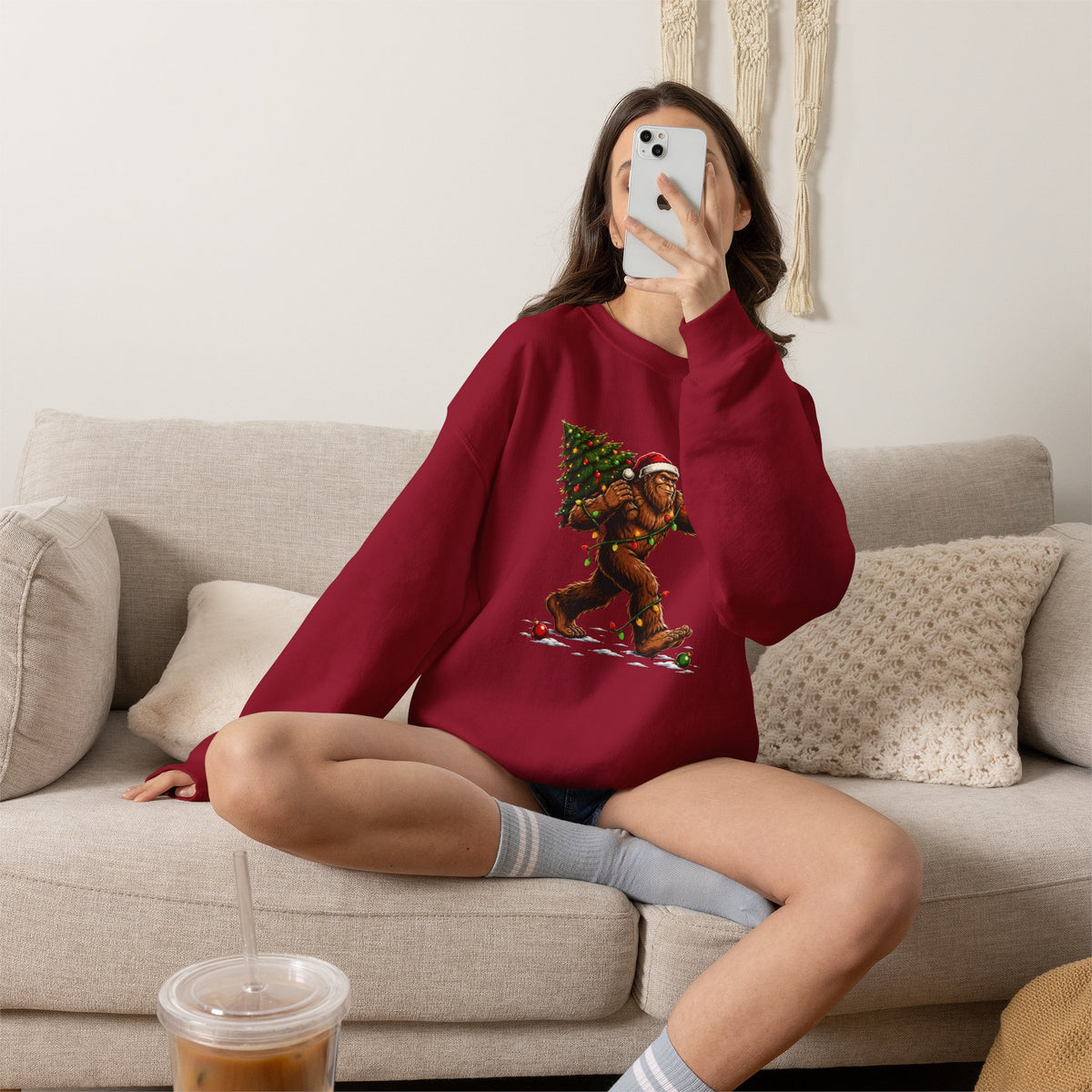 Sweatshirt — Holiday Sasquatch Carrying Christmas Tree Graphic Crewneck