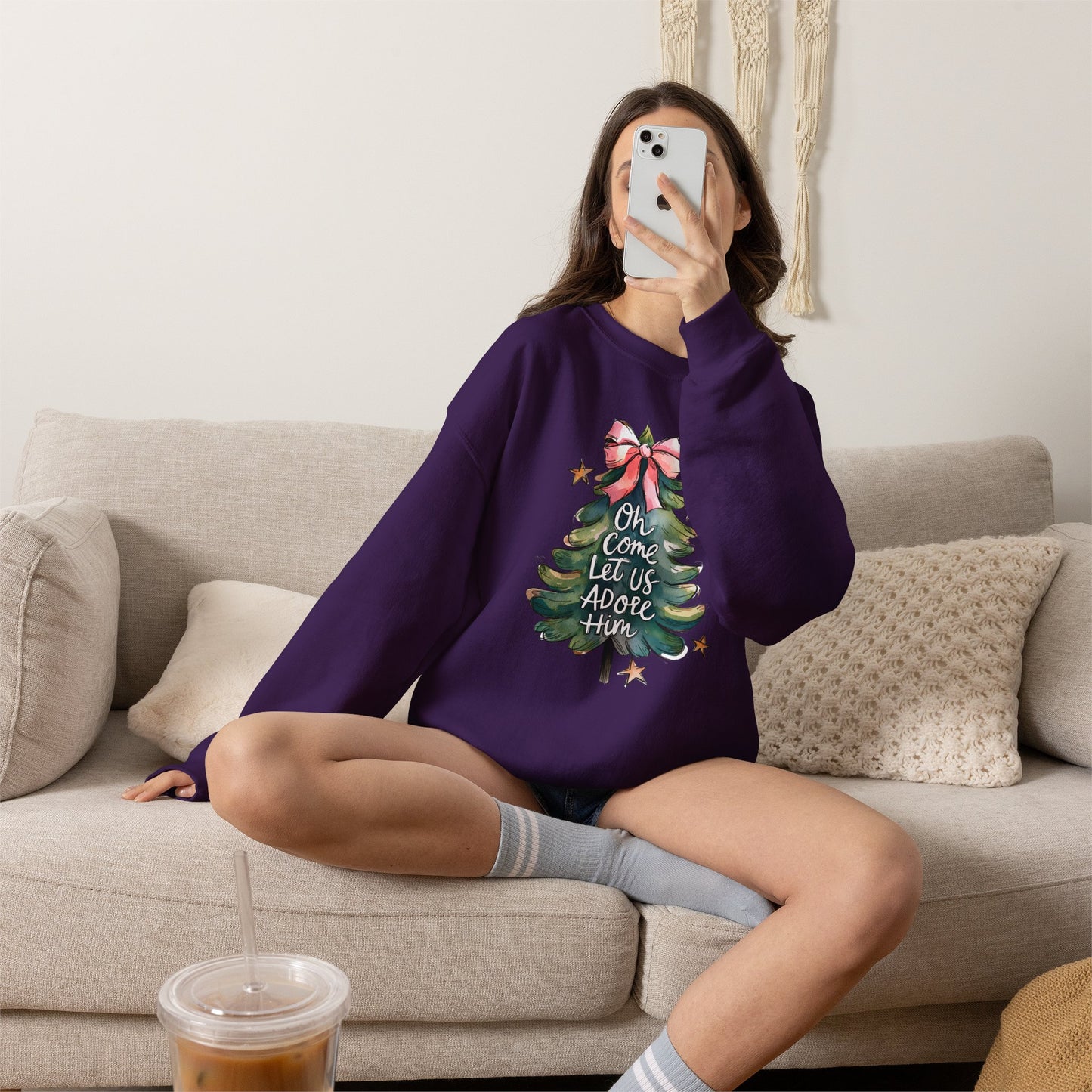 Christmas Tree Sweatshirt — "Oh Come Let Us Adore Him" Holiday Crewneck