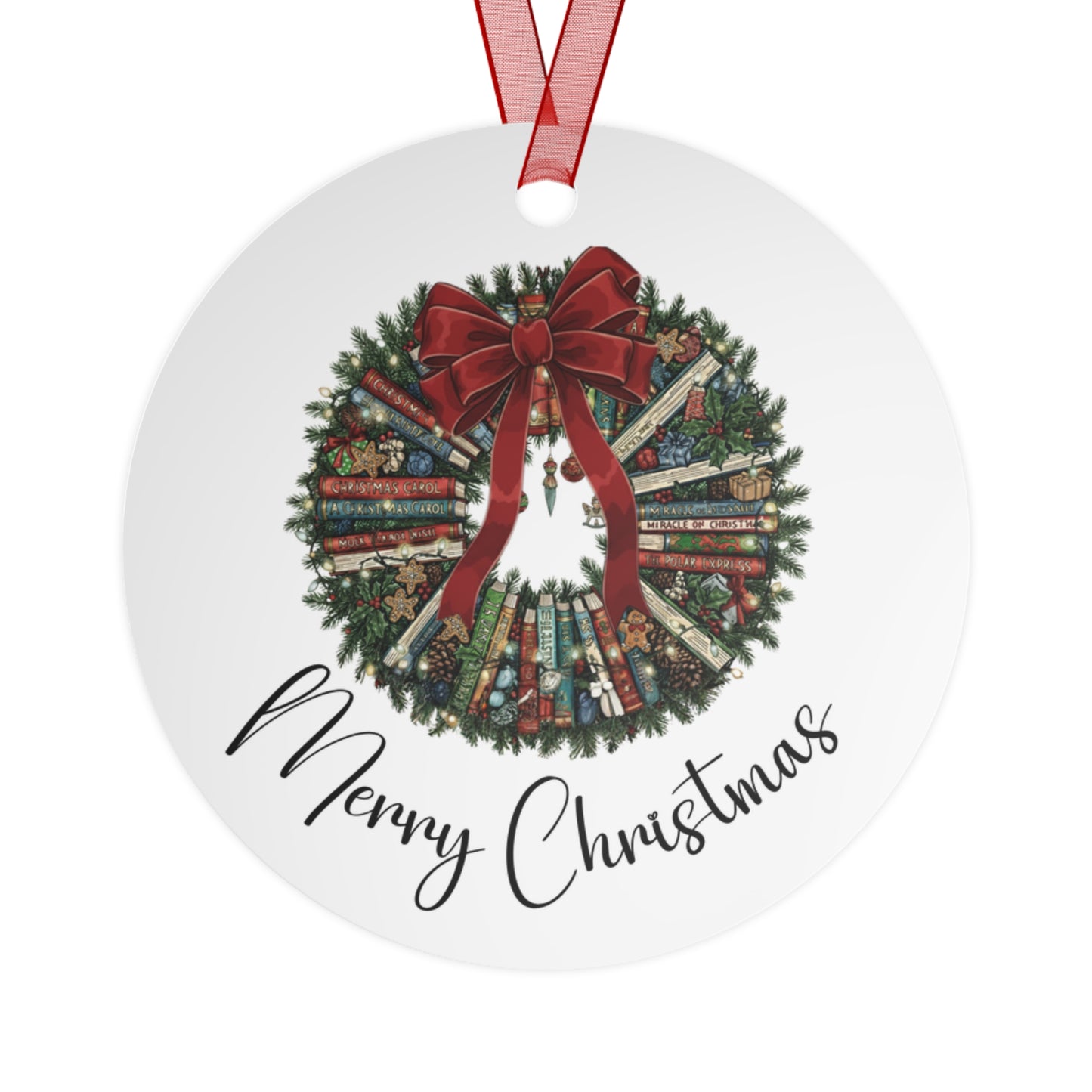 Bookish Wreath Metal Christmas Ornaments, Festive Holiday Decor, Personalized Gift for Tree, DIY Christmas Decorations, Wreath Design, Merry Christmas