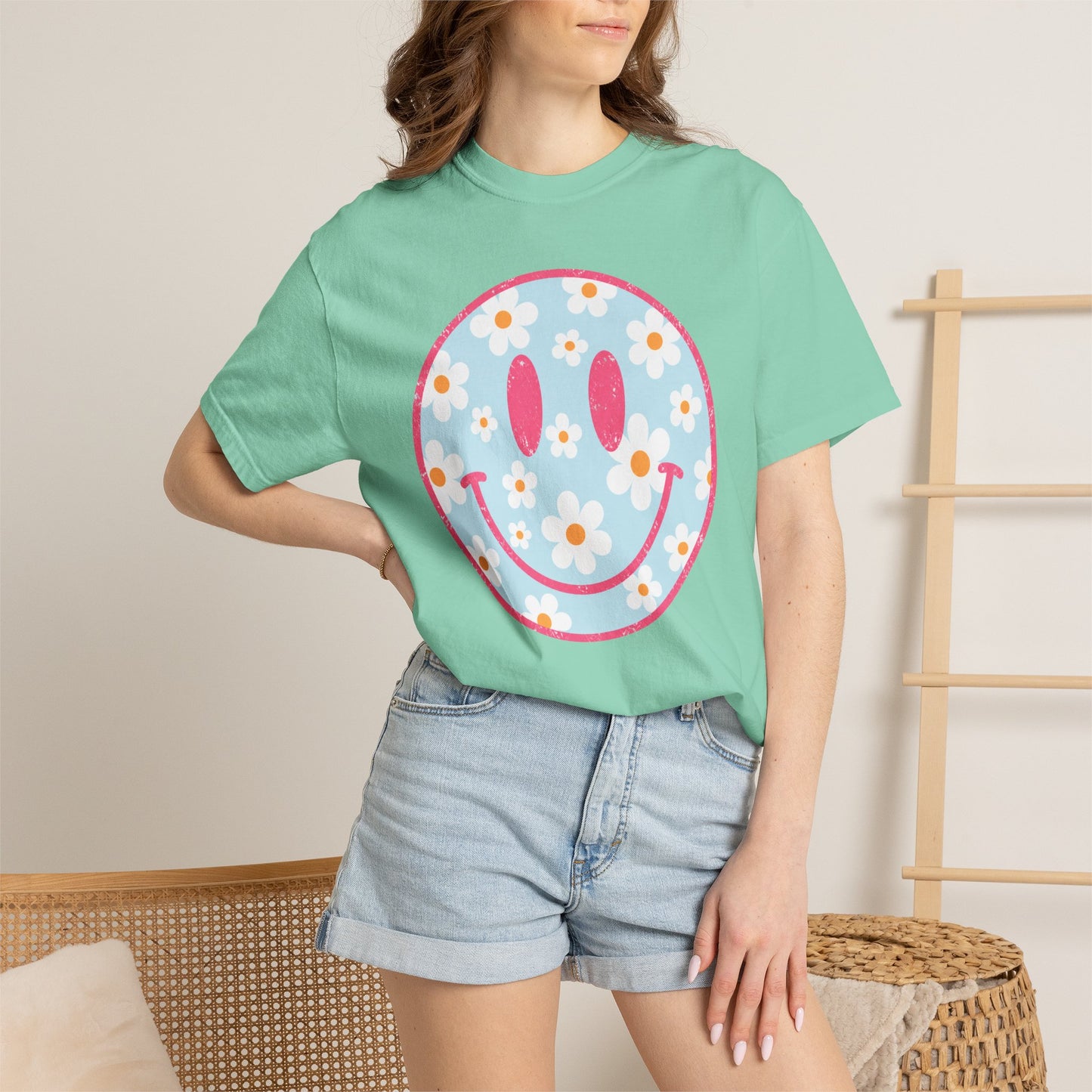 Pink Daisy Smiley Face Tee • Retro Floral Happy Face Shirt • Boutique Mama Graphic Tee