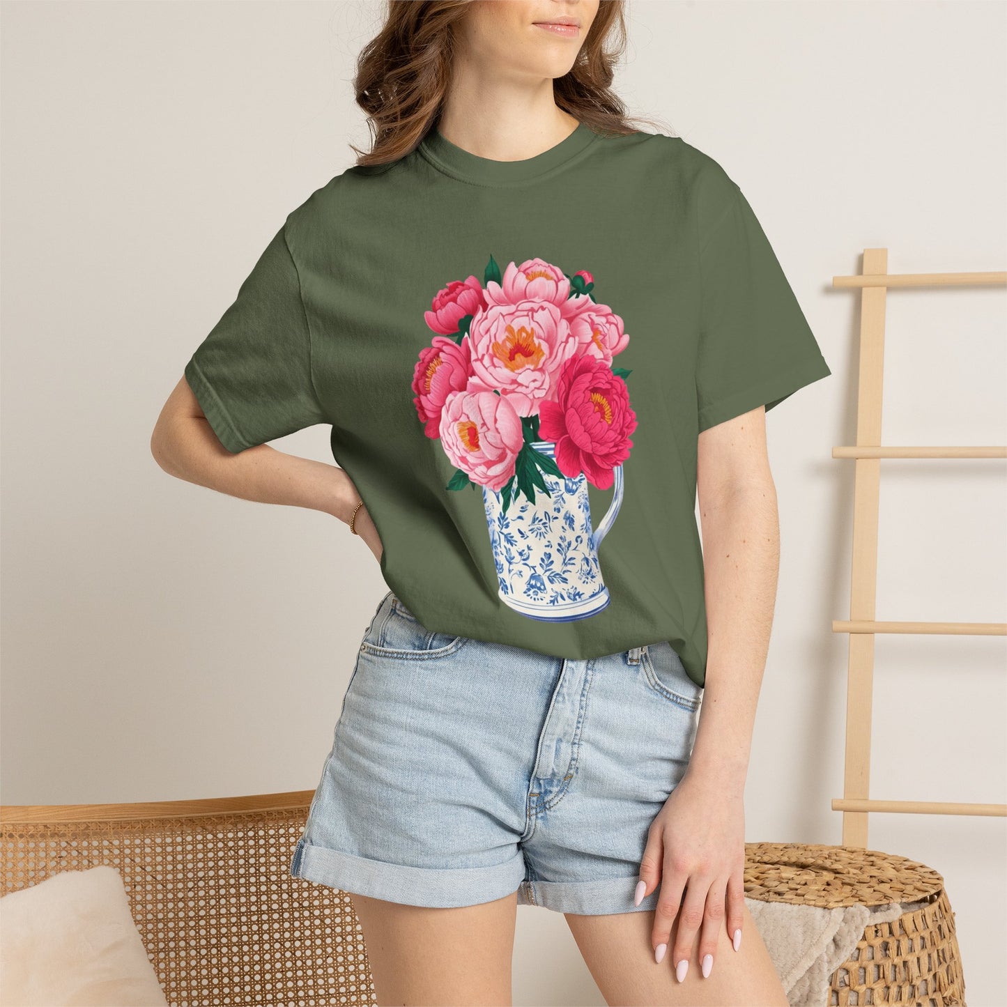 Peony Bouquet T-Shirt — Pink Peony in Vintage White & Blue Floral Vase