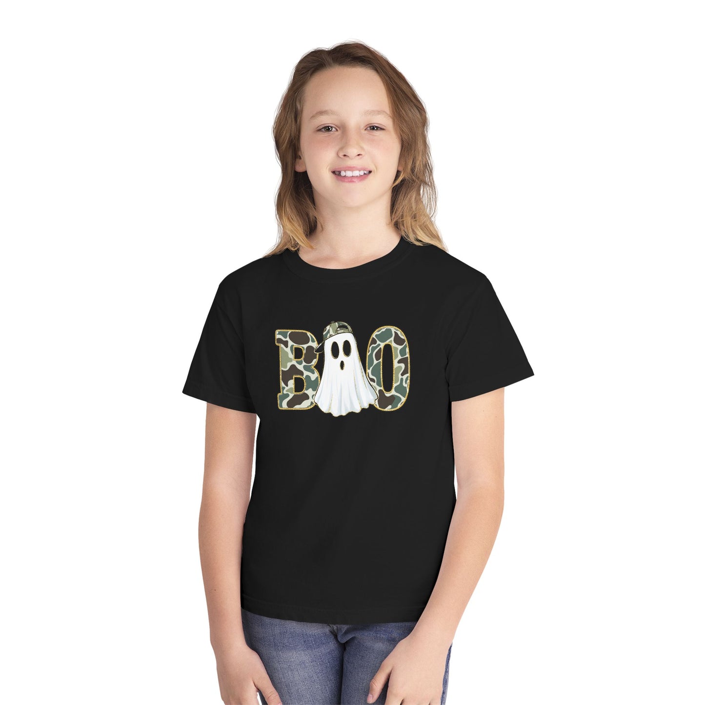 BOO Ghost Youth Tee — Camo Pattern Halloween Shirt for Kids