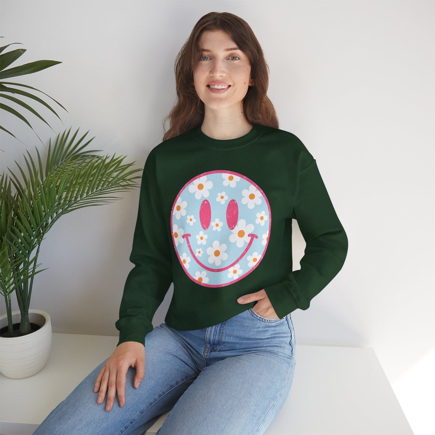 Retro Daisy Smile Sweatshirt • Floral Happy Face Crewneck • Cute Mama Cozy Sweatshirt