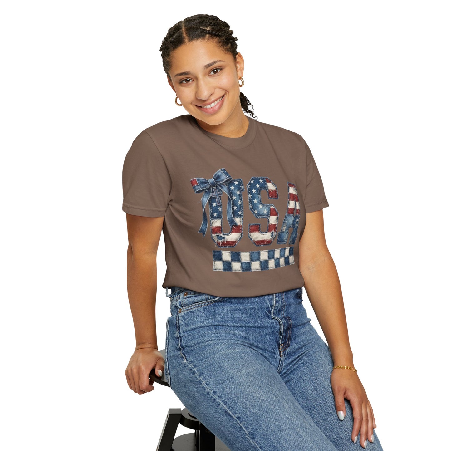 USA Patchwork Denim T-Shirt • Red White Blue Coquette Bow Tee • Americana Graphic Shirt