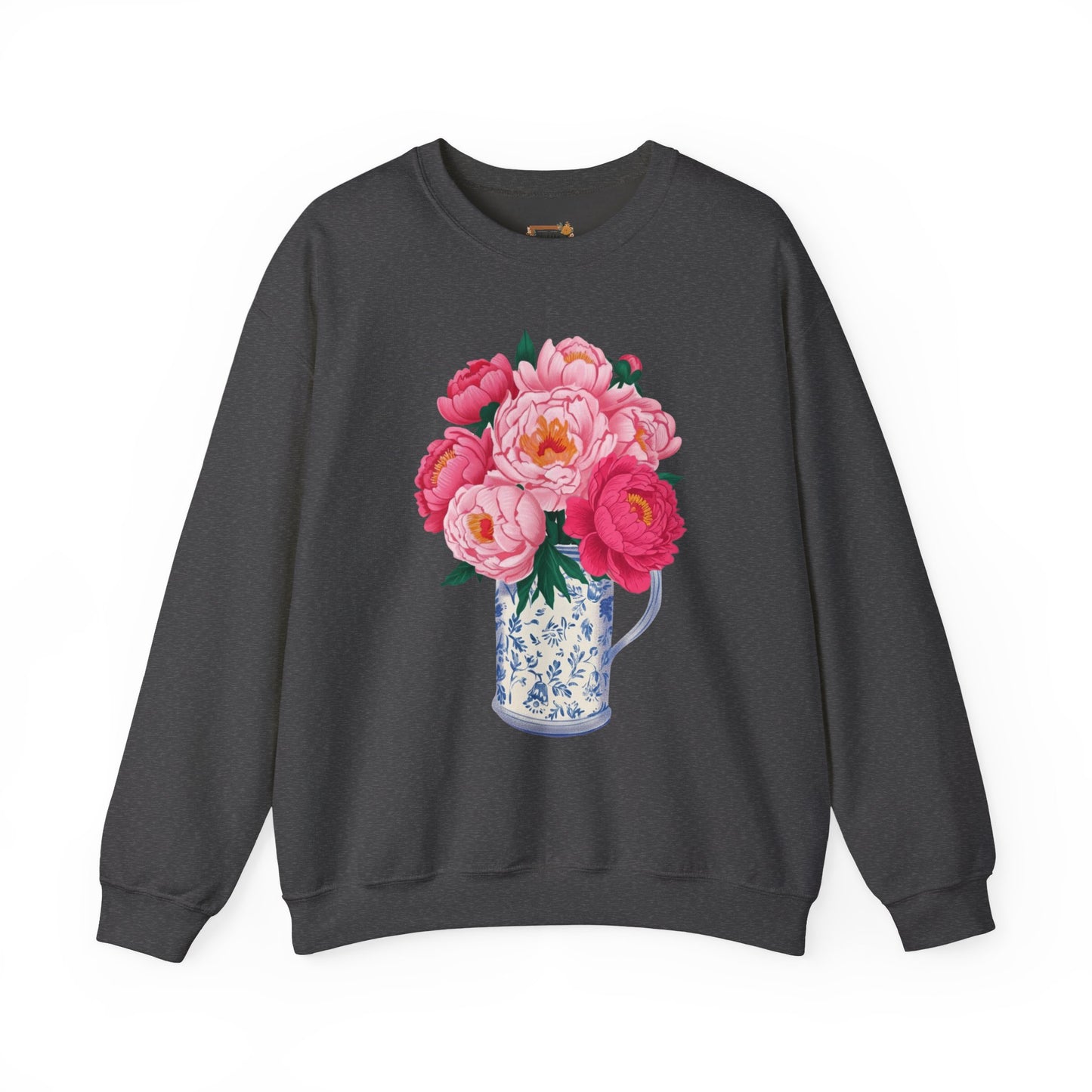 Pink Peonies in Blue Vintage Vase Floral Sweatshirt • Cottagecore Garden Bouquet Crewneck • Botanical Apparel