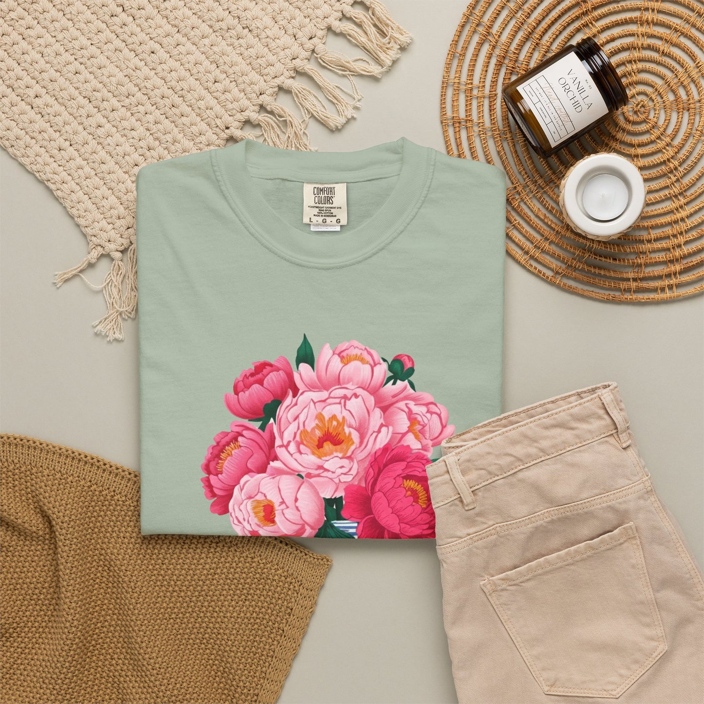 Peony Bouquet T-Shirt — Pink Peony in Vintage White & Blue Floral Vase