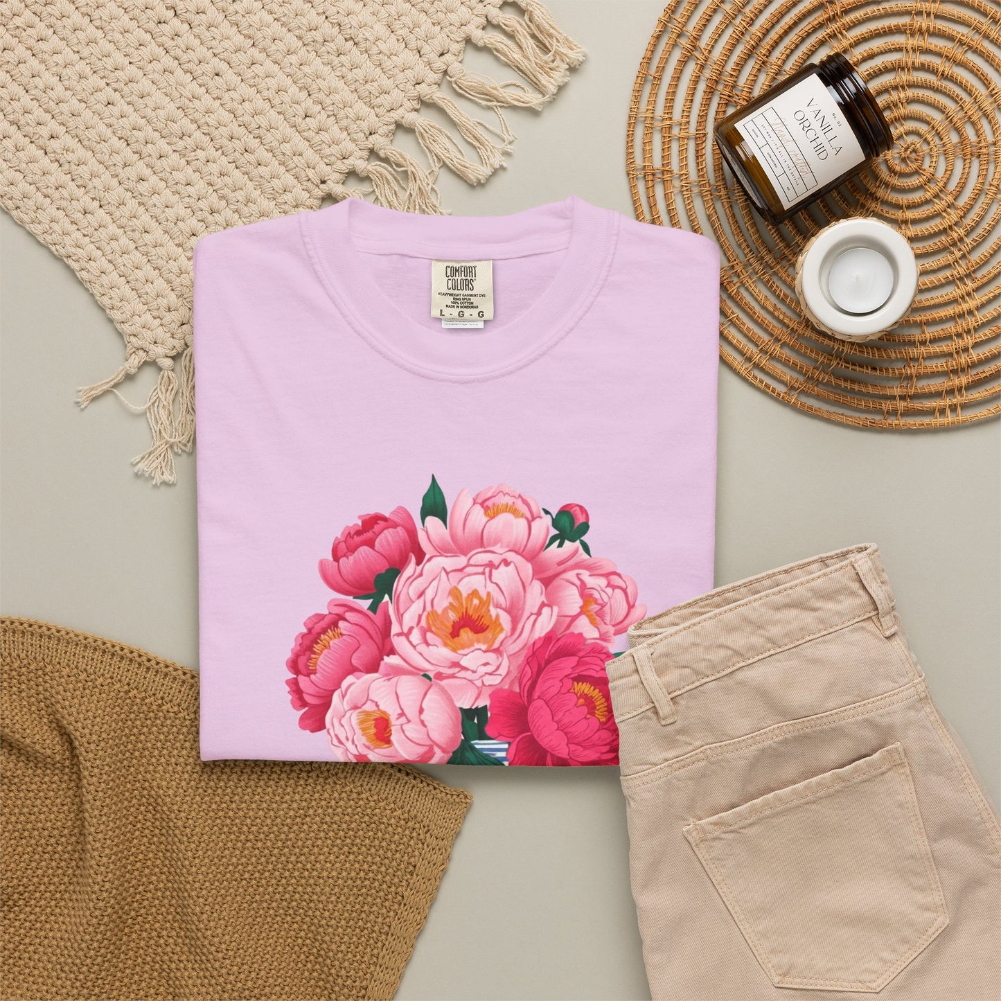 Peony Bouquet T-Shirt — Pink Peony in Vintage White & Blue Floral Vase