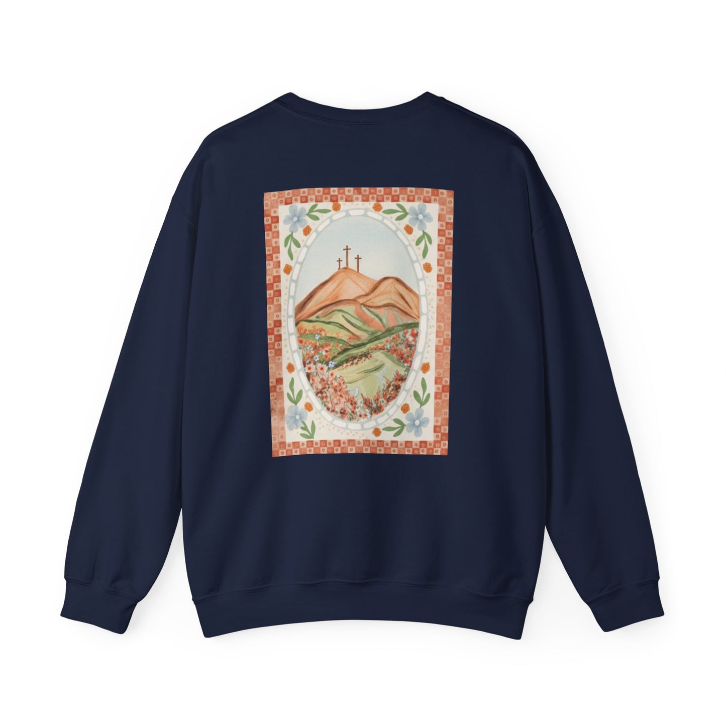 Easter Landscape Faith Sweatshirt (Front & Back) • Christian Mountain Cross Crewneck • Floral Resurrection Scene Graphic