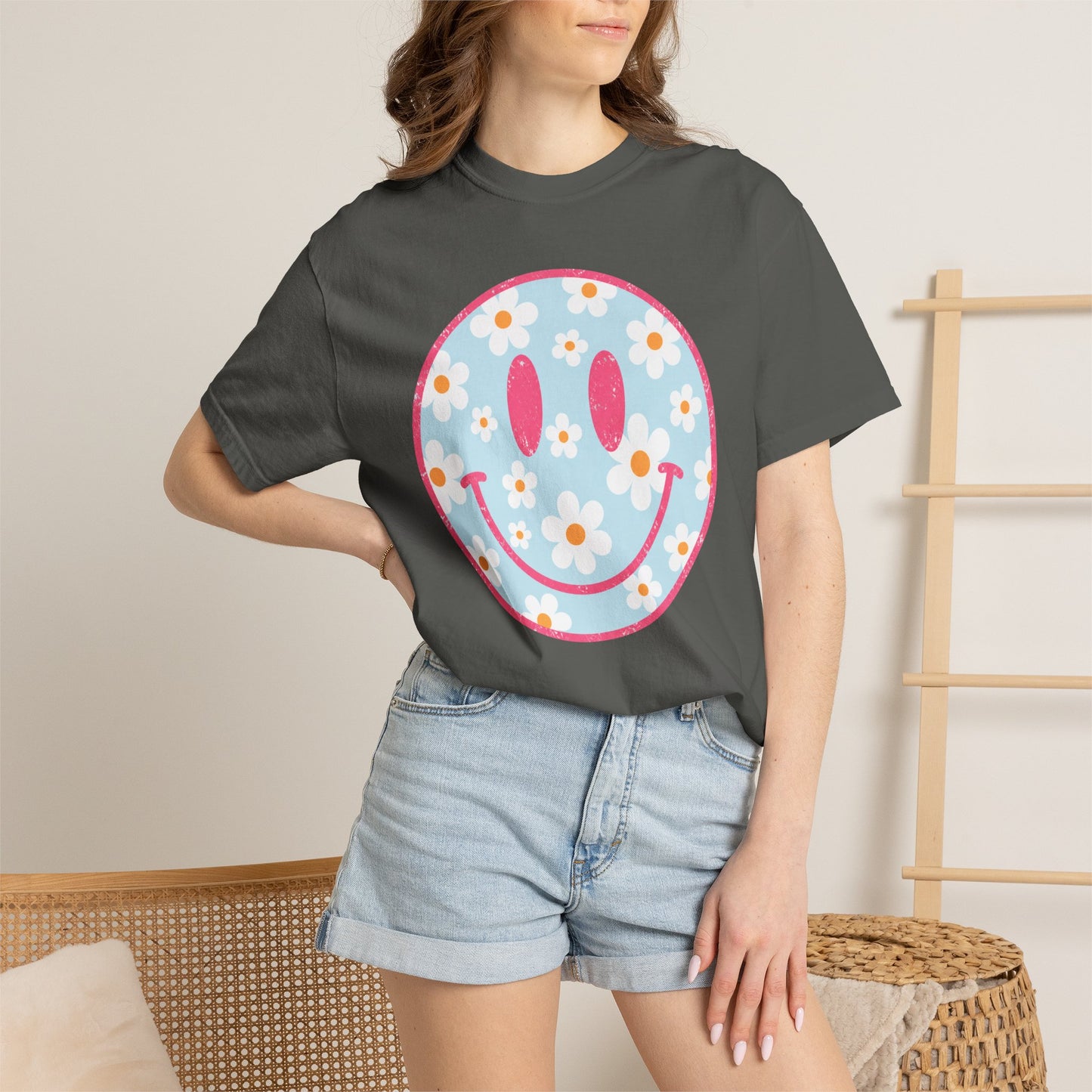 Pink Daisy Smiley Face Tee • Retro Floral Happy Face Shirt • Boutique Mama Graphic Tee